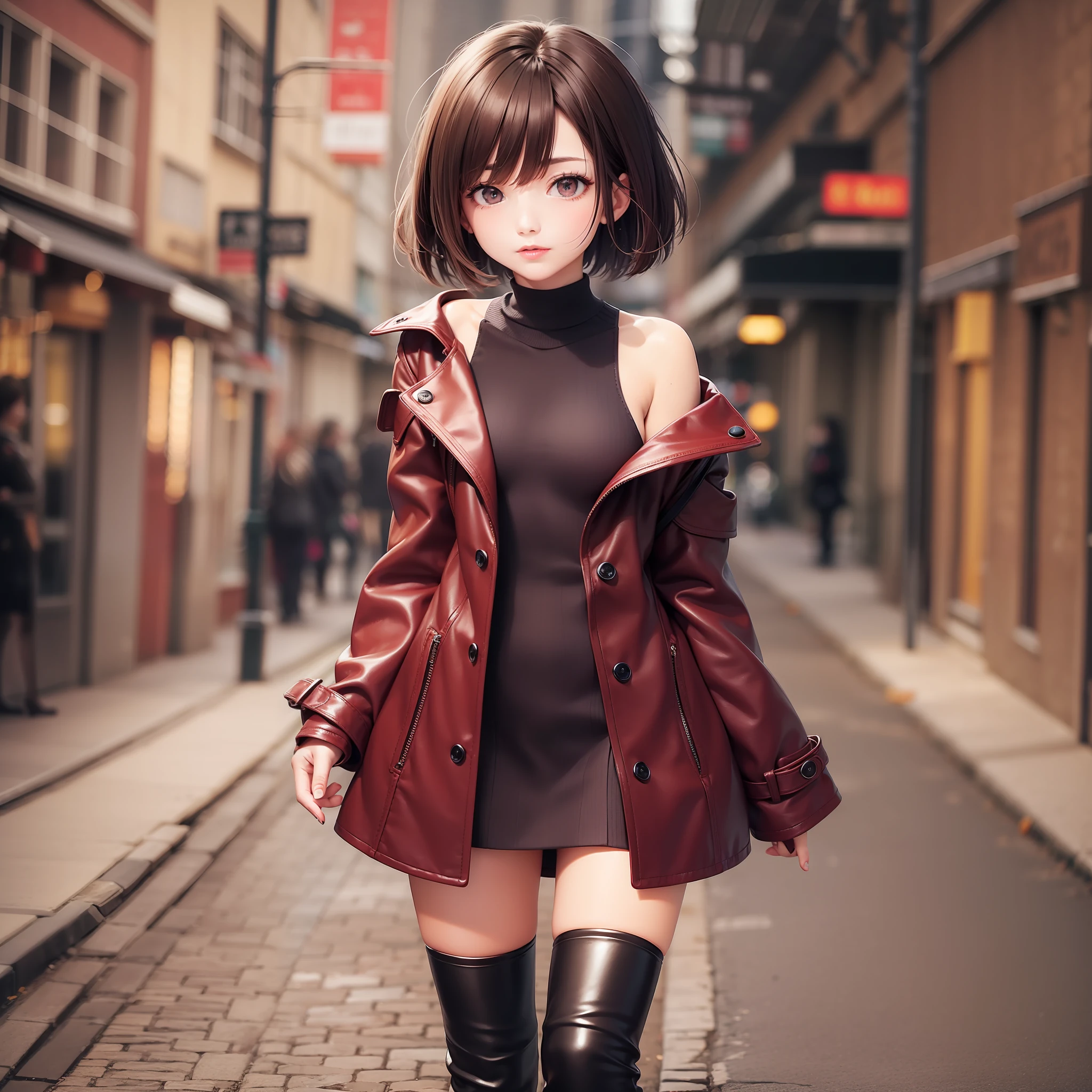 Short burgundy shoulder-length hair，Burgundy eyes，wind coat，leather boots，Cute girl