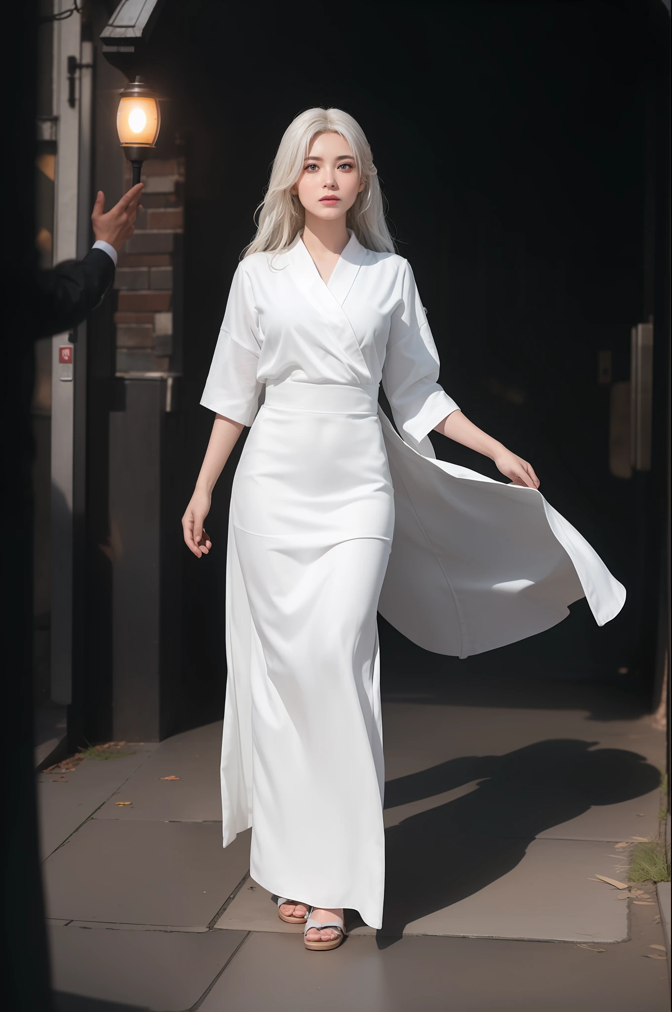 (8k, RAW photo, best quality, mastery:1.2), (realistic, photo-realistic:1.37), ultra-detailed, (high detailed skin:1.2), 8k uhd, dslr, soft light, high quality, film grain, Fujifilm XT3, professional lighting, photon mapping, radiosity, 1 girl, big breasts, Full body, white robe fluttering in the wind, long white hair, well-dressed, perfect face, handsome, concept art, detailed face and body, award winning photography, detailed face, backlight, hyper-realistic, ray tracing, intense gaze, looking at the audience, movie lights, embers, fantasy, action pose, splash, mist, raw photos, 8k uhd, film grain,