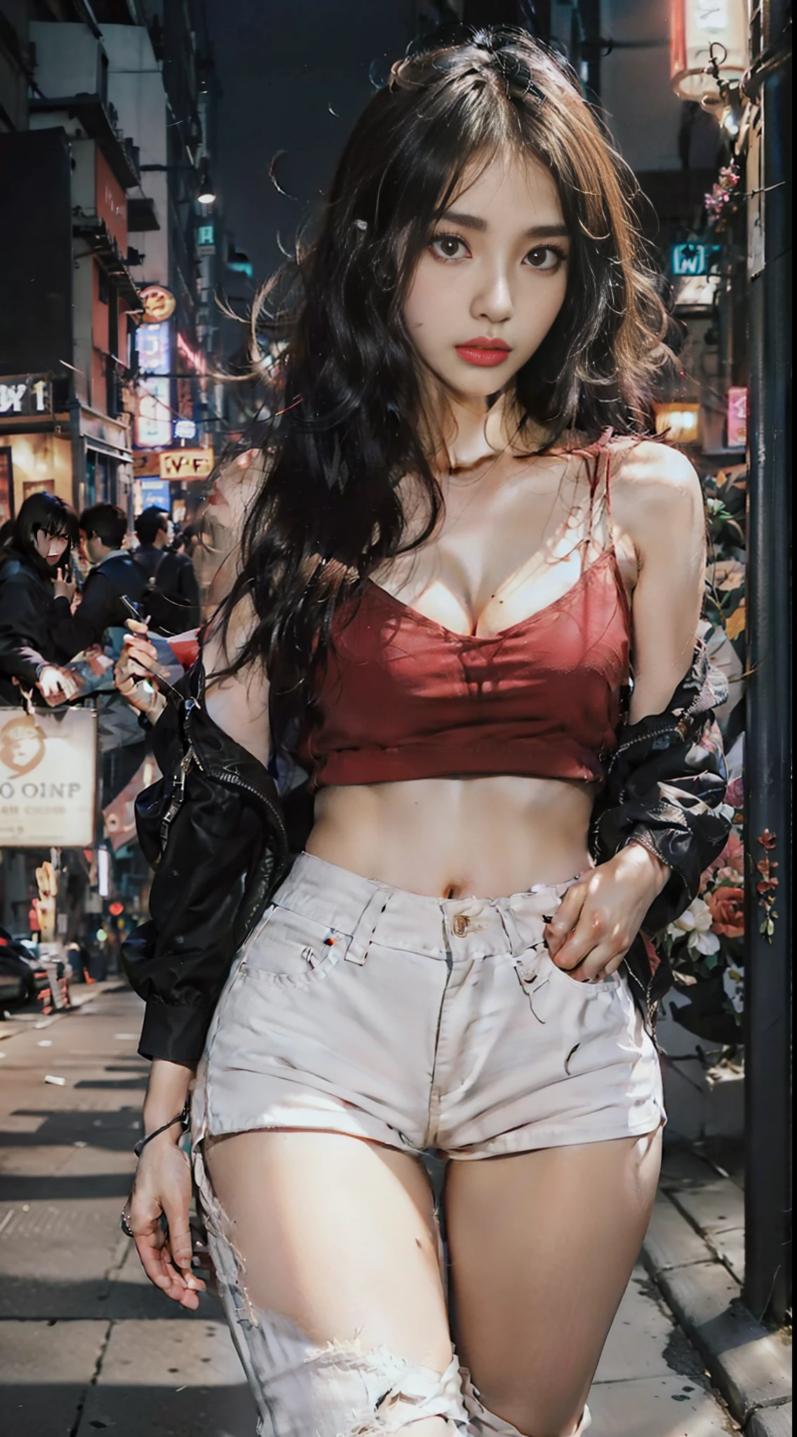 （1womanl），(Tank Top) casual pants，（Rose red blazer），White Very Long Hair，（realistic detail），Alley background at night，dynamic compositions，Engaging pose，Soft and eye-catching lighting，shallowdepthoffield，Clear details，highly detaile， Ultra photo realsisim， 50mm lens， Nature blurred background，（Shot above the calf）, (exposed cleavage)