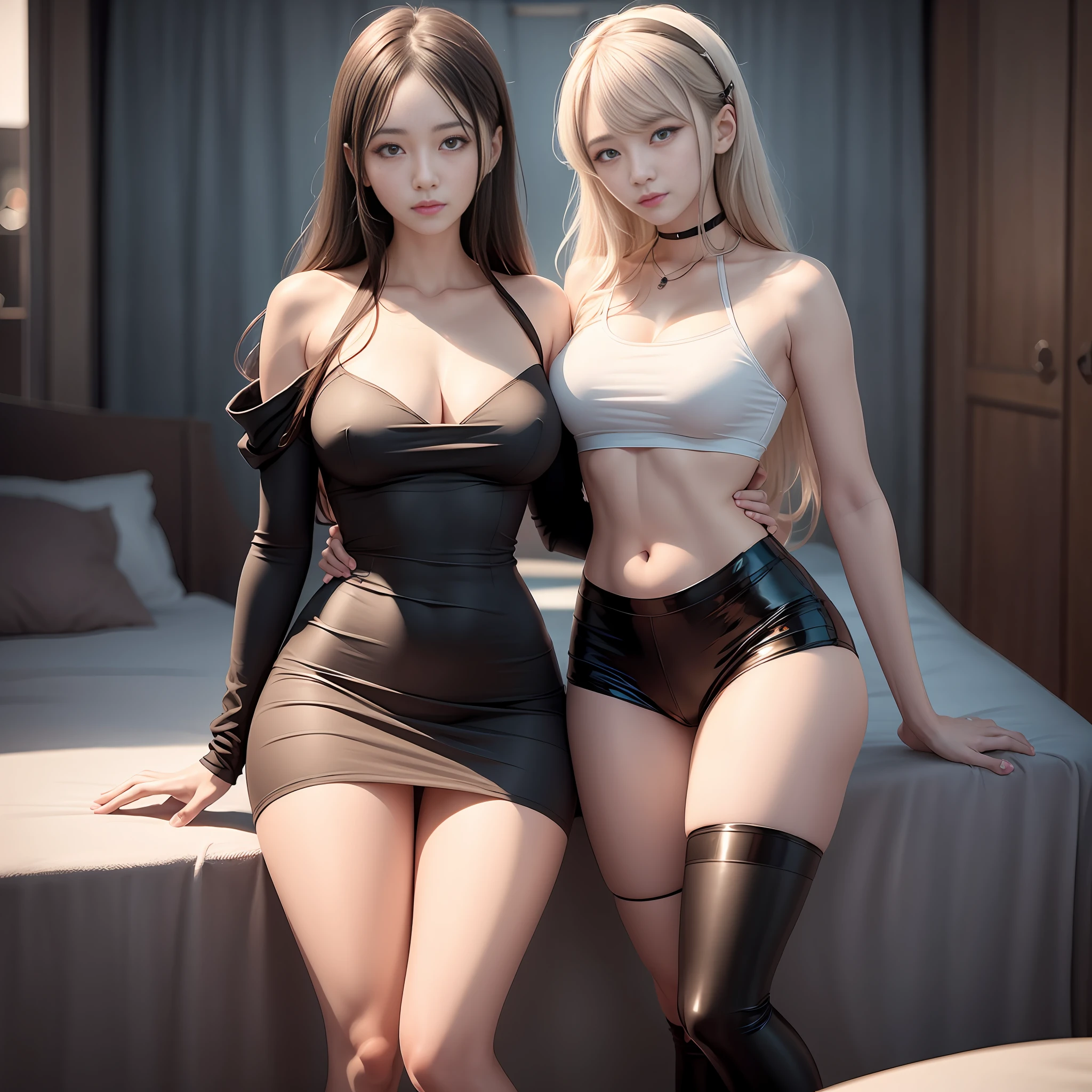 Two sexy-dressed women posing for a photo in the bedroom, inspired by Wang Duo, WLOP and Sakimichan, KDA和Sam Yang。, beautiful sci - fi twins, nixeu and sakimichan, wlop glossy skin, wlop and ross tran, & jeehyung lee & Phlegm sputum, phlegm, trending on cgstation, Loish et WLOP，Extreme image quality，