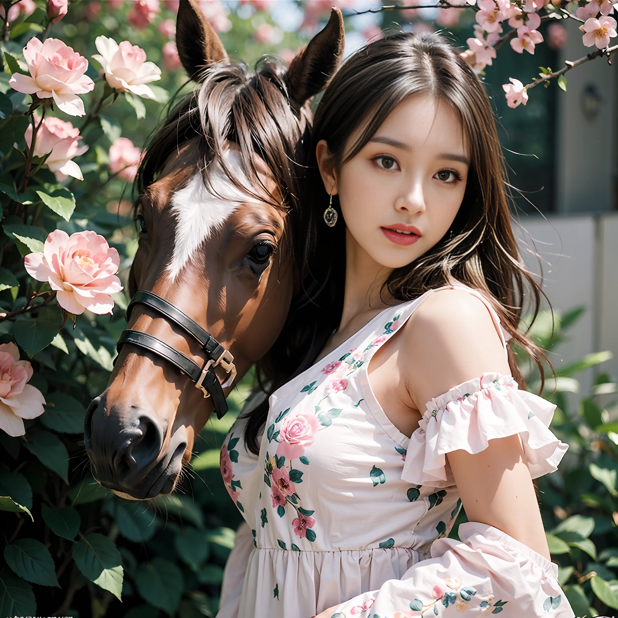 1girl,flower,horse,headdressmadeofflowers,dress,fullofflower,brownhair,realistic,solo,rose,earrings,jewelry,longhair,pinkrose,pinkflower,hairflower,outdoors,blurry,lookingatviewer,pinkdress,day,sky,lips,breasts,blurrybackground,watermark