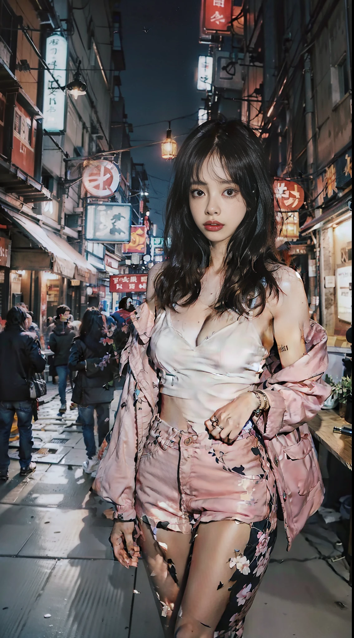 (1womanl),(Tank Top) casual pants,(Rose red blazer),White Very Long Hair,(realistic detail),Alley background at night,dynamic compositions,Engaging pose,Soft and eye-catching lighting,shallowdepthoffield,Clear details,highly detaile, Ultra photo realsisim, 50mm lens, Nature blurred background,(Shot above the calf), (exposed cleavage)