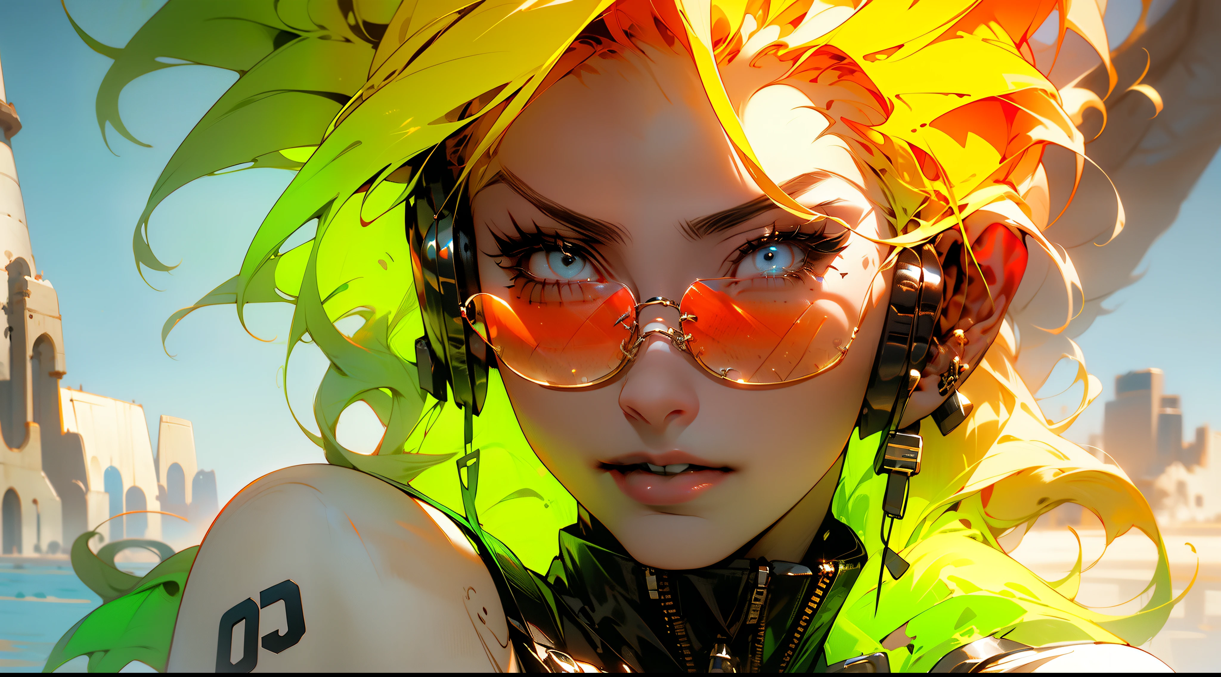 ((best qarity)), ((tmasterpiece)), (A detailed: 1.4), (absurderes),Faraway view,Full body like,Bust, light-skinned lolita with micro bikini,Optical thermography glasses,Battlefield headsets, Genesis Evangelion neon style costume, 2 costumes, Arm tattoos, cybernetic hand, downy, at centre, Scale to fit the dimensions, hdr(HighDynamicRange),Ray traching,NVIDIA RTX,Hyper-Resolution,Unreal 5,Subsurface dispersion,PBR textures,Anisotropy Filtering, depth of fields, Maximum clarity and sharpness, Many-Layer Textures、Albedo e mapas Speculares、Surface coloring、Accurately simulate light-material interactions、perfectly proportioned、rendering by octane、twotonelighting、largeaperture、Low ISO、White balance、trichotomy、8K raw data、crysisnanosuit