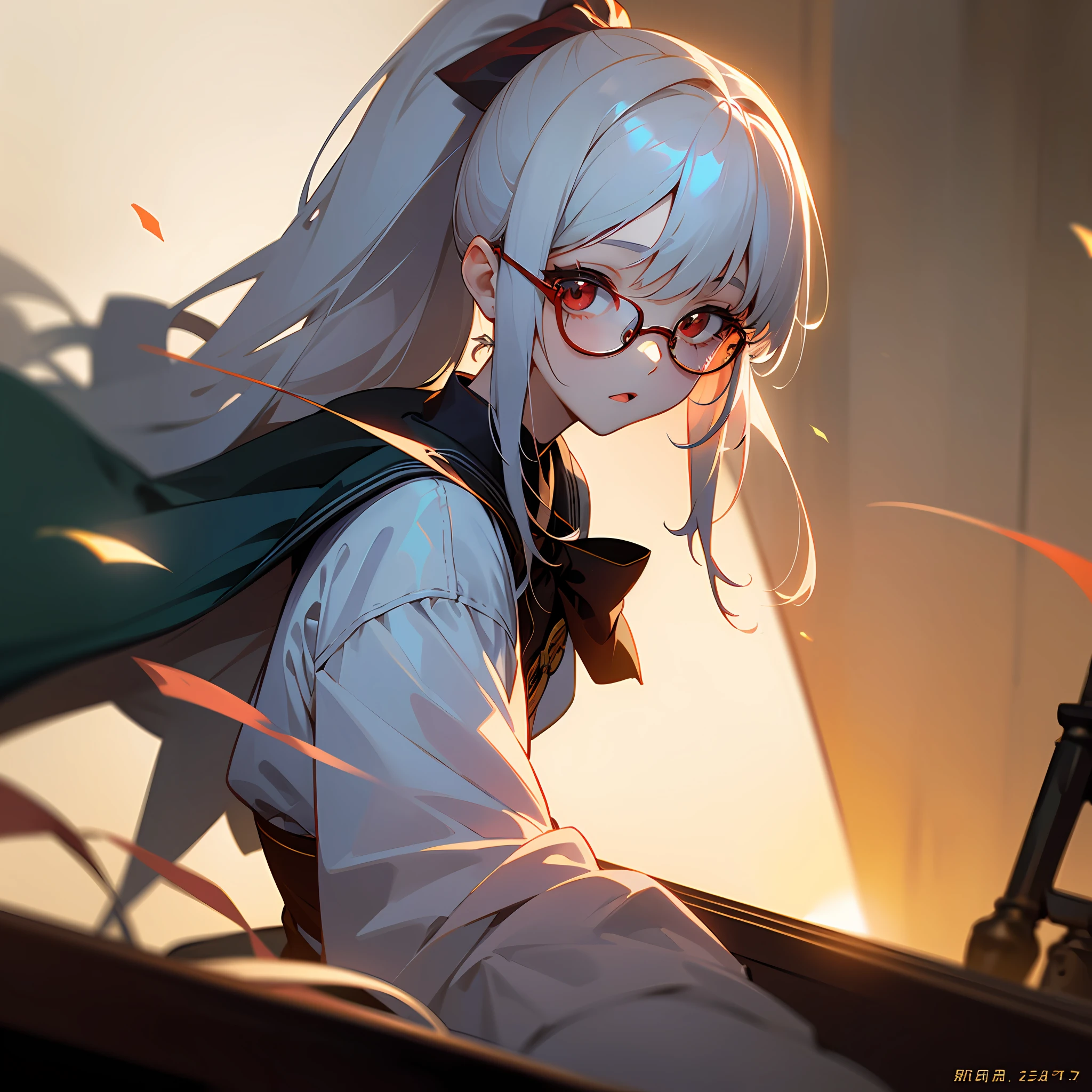 ChineseGirl,teens girl,tmasterpiece,Highest image quality,Extremely fine,The artistic conception is beautiful,(?Descriptions of lighting and shots)?dated,Plaza,and the sun was shining brightly,High ponytail with bangs,Red eyes,The white-haired girl wears glasses and wears a JK uniform,Cinematic scenes from campus。 --auto