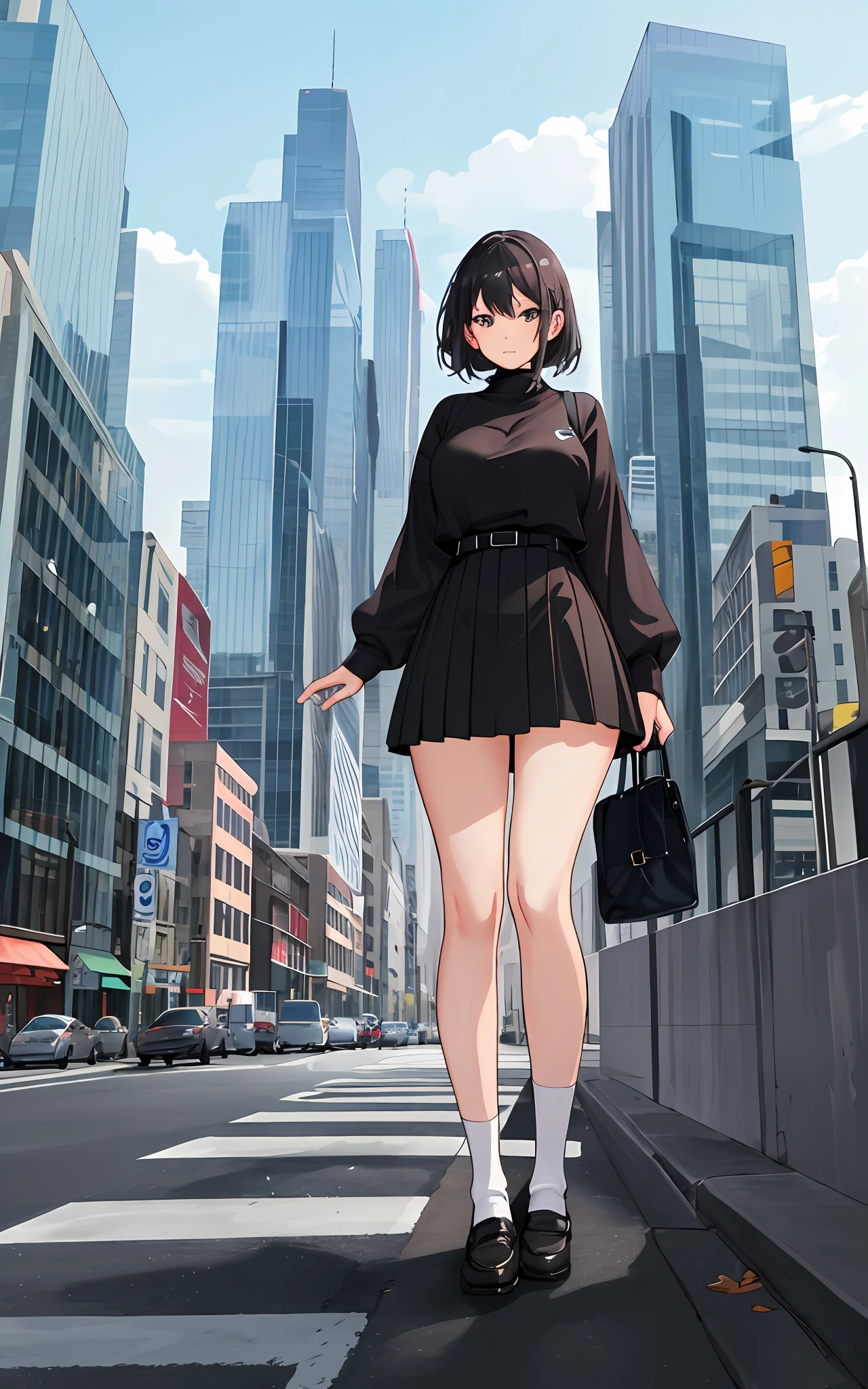 Huge teenage girl in the city wearing black knee-length socks