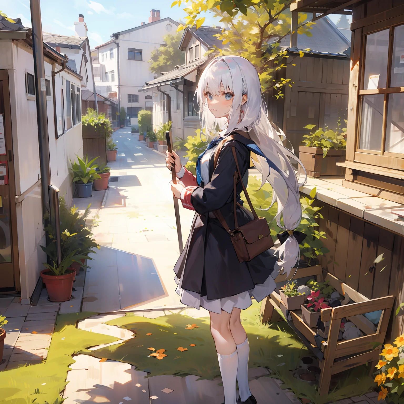 White-haired long-haired school woman