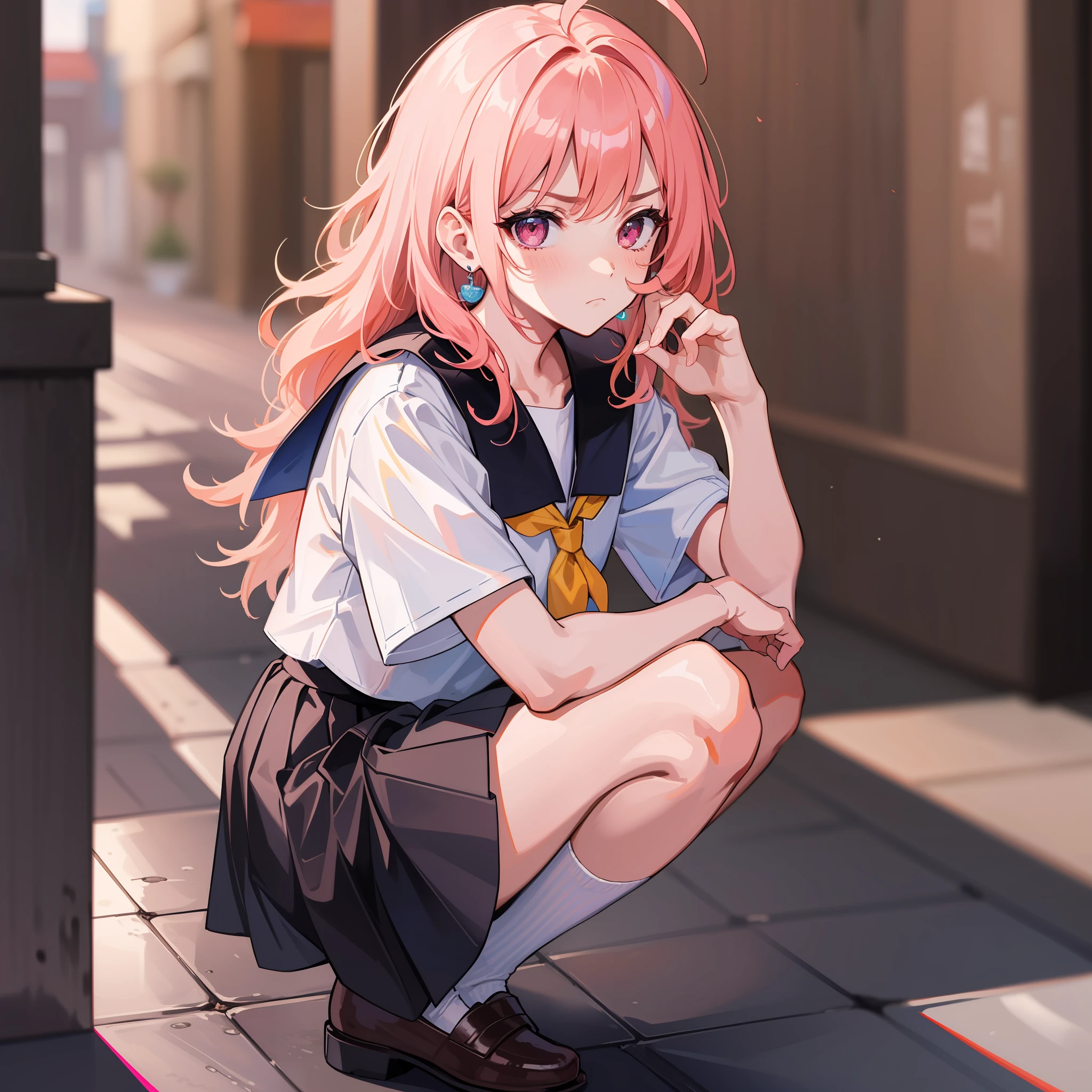 (Masterpiece), ((Best Quality)), (Super Detail), 1 Girl, Peach-colored Hair, Small, Short Sture, Straight Long, Ahoge, Street, Squatting, , School Uniform, Skirt, Socks, Serapuk, Neckerchief, Sailor Color, Pleated Skirt, White Socks, Blue Skirt, Short Sleeve, Shirt, White Shirt, Blue Sailor Color, Blue Neckerchief, Bangs, Frown, Pink Eyes, Perfect Hands, Hand details, modified fingers. earrings, looking_at_viewer, top quality, rich details, perfect image quality,