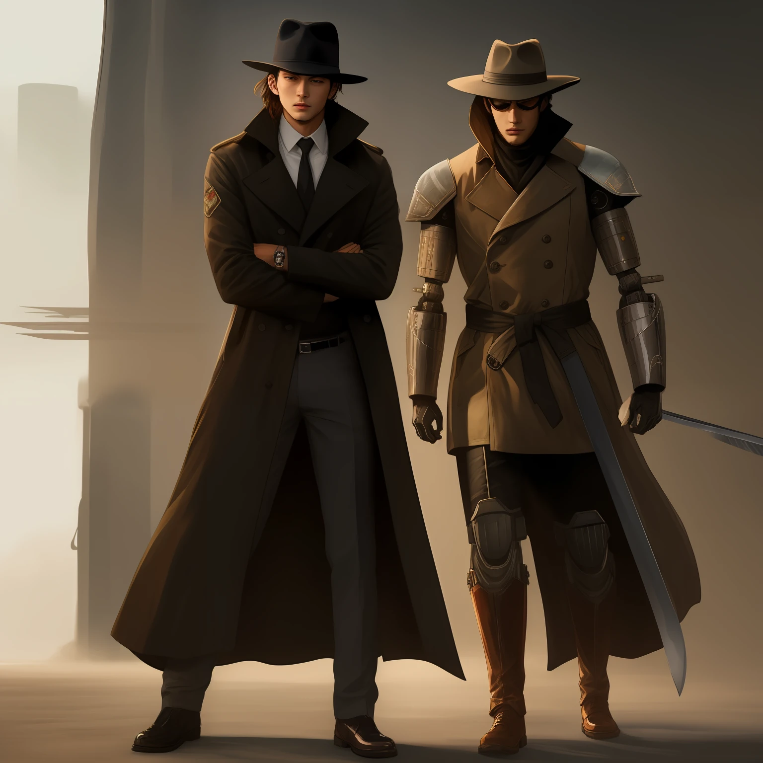 Black trench coat wearing hat robot villain swordsman