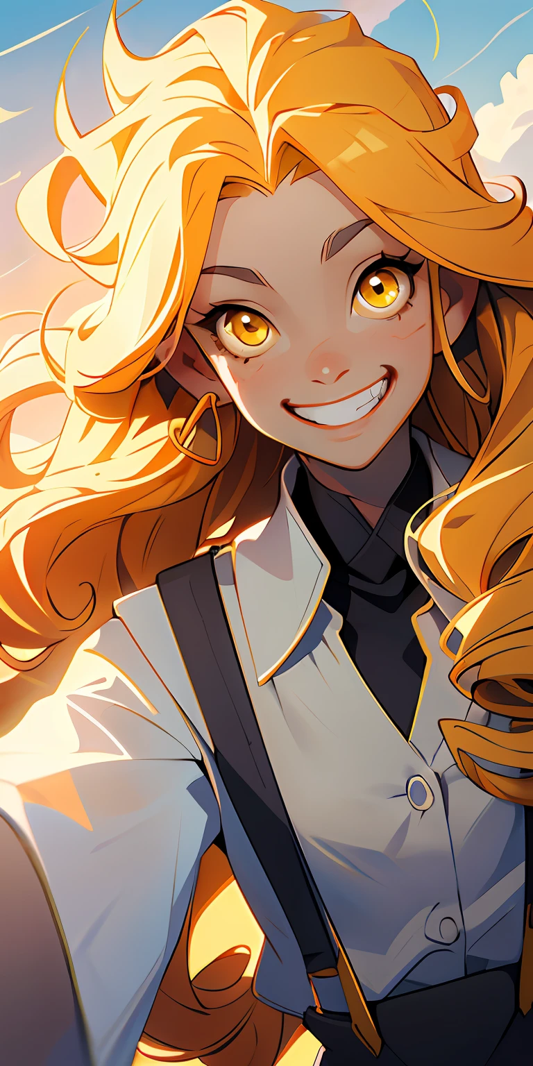 （tmasterpiece，best qarity）， 1girll， Yellow wool curly long hair，Yellow eyes，skin fair，Wear suspenders，happy grin，Facing the camera squarely，The sun shines on the face，above chest，Cloud background