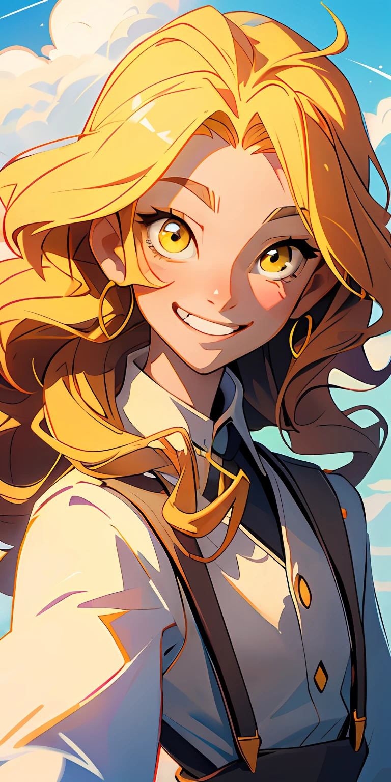 (tmasterpiece,best qarity), 1girll, Yellow wool curly long hair,Yellow eyes,skin fair,Wear suspenders,happy grin,Facing the camera squarely,The sun shines on the face,above chest,Cloud background