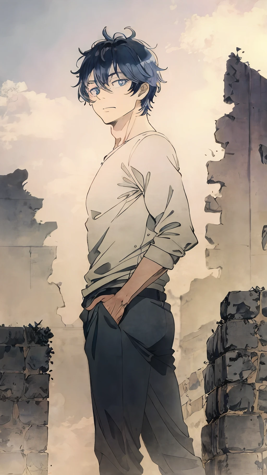 Satoru gojo, cabelo branco, olho azul, olho azul extremamente detalhado, cabelo branco, manto preto, usando um manto preto, Ruins in the background, warm ilumination, strong illumination, white lighting