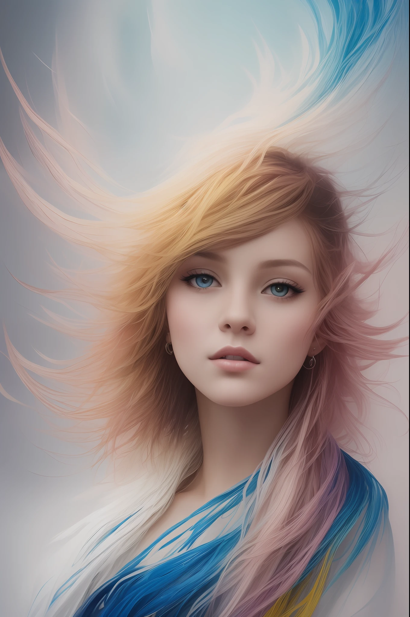 Colorful beautiful girl: a giru 8-years old, messy hair, oil painting, nice perfect face with soft skinice perfect face, blue yellow colors, light purple and violet additions, light red additions, intricate detail, splash screen, 8k resolution, masterpiece, cute face,artstation digital painting smooth veryBlack ink flow: 8k resolution photorealistic masterpiece: intricately detailed fluid gouache painting: by Jean Baptiste Mongue: calligraphy: acrylic: watercolor art, professional photography, natural lighting, volumetric lighting maximalist photoillustration: by marton bobzert:, complex, elegant, expansive, fantastical,  wavy hair, vibrant
