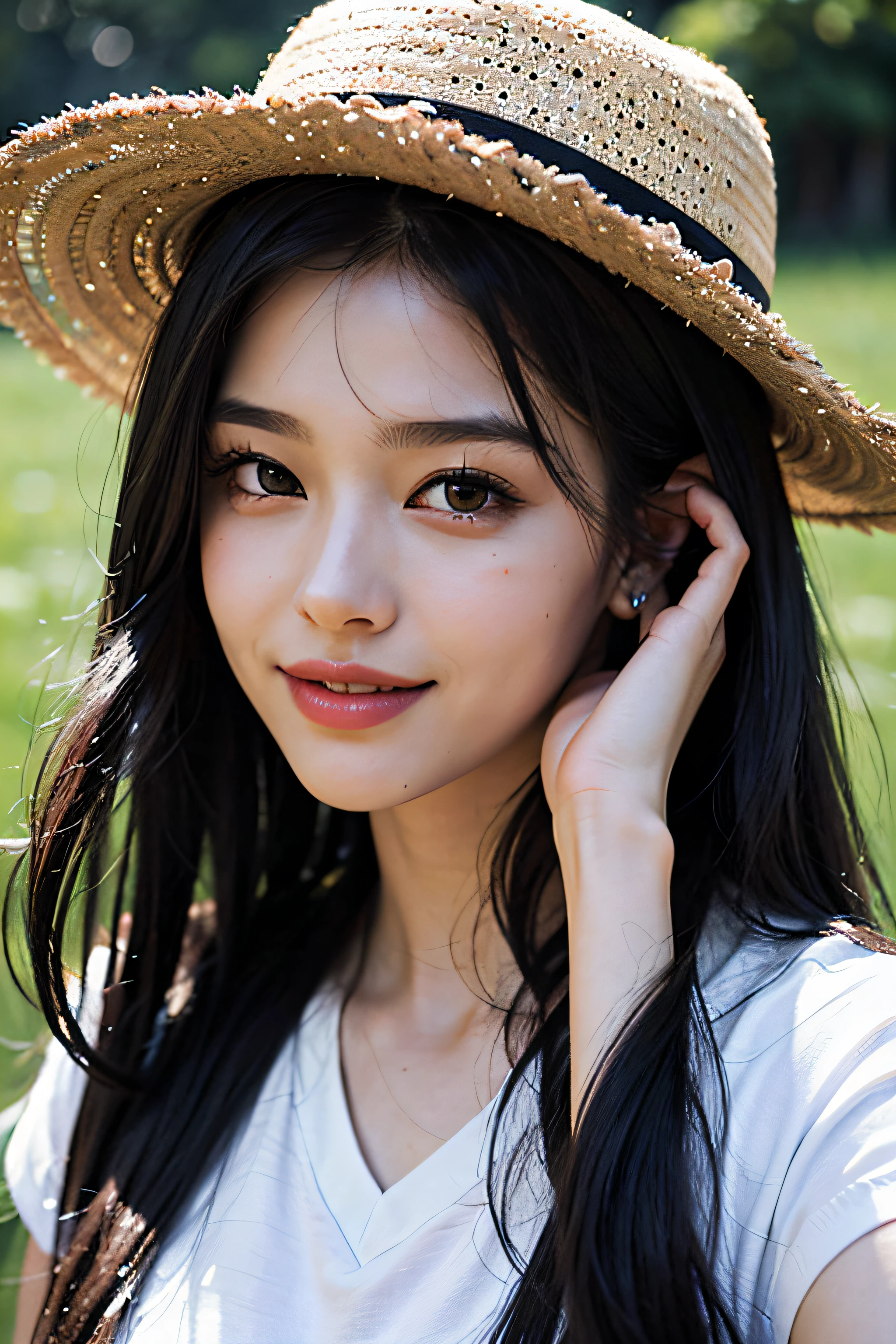(in 8K、 Raw photography、beste-Qualit,、hight resolution),、(hyper realisitic)、(realisitic),、Soft light、、Kizi、Lifelike face、Realistic body、real-looking-skin、absurderes、masterpiece、Cuties、独奏、Innocent eyes、blusher、Cinema Lights、cherry colored lips、The hair 、a closeup、looki at viewer、 Open lips,、Upper teeth,、(Smiling eyes:0.6)、eyes focus、professionally lit、CG Social Trends、Plastic En、((Black Long Hair))、((beautfull woman))、(A smile)、Fashionable、(A sexy)、Hair that flutters in the wind、((Flowing hair))、Happy -、fashion magazine、((lighting like a movie))、((grass field))、(Dancing)、(Strong sunshine)、Hats、suns、