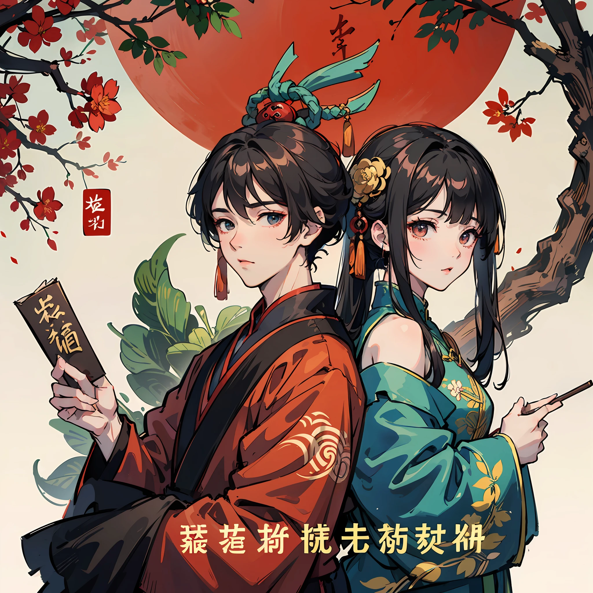 anime couple with chinese characters in red background with oriental writing, Middle metaverse, inspired by Zhang Wo, Inspired by Seki Dosheng, Inspired by Song Maojin, inspired by Huang Gongwang, Chiba Yuda, inspired by Chen Daofu, inspired by Gong Xian, An anime cover --auto