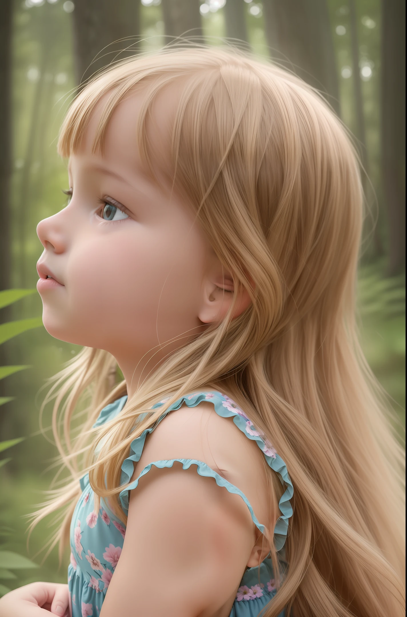 a realistic photograph in 8k, depicting a -year chilild is chubby, with fair skin, long straight blonde hair that has curls at the ends. They are seated in a wooded forest filled with flowers, in a contemplative pose, facing away from the camera and looking up at the sky, engaged in a conversation with God. The scene is captured with stunning detail, showcasing the child's innocence and connection with the divine. The photograph highlights the child's features, emphasizing their chubby cheeks and bright eyes. The environment is lush and vibrant, with an abundance of trees and colorful flowers surrounding the child. The lighting creates a serene atmosphere, with soft rays of sunlight filtering through the leaves and casting gentle shadows. The image captures a profound moment of introspection and spirituality, as the child engages in a heartfelt dialogue with the divine. The final photograph is presented in 8k resolution, capturing the intricate details of the child's expression and the natural beauty of the forest setting. --auto --s2