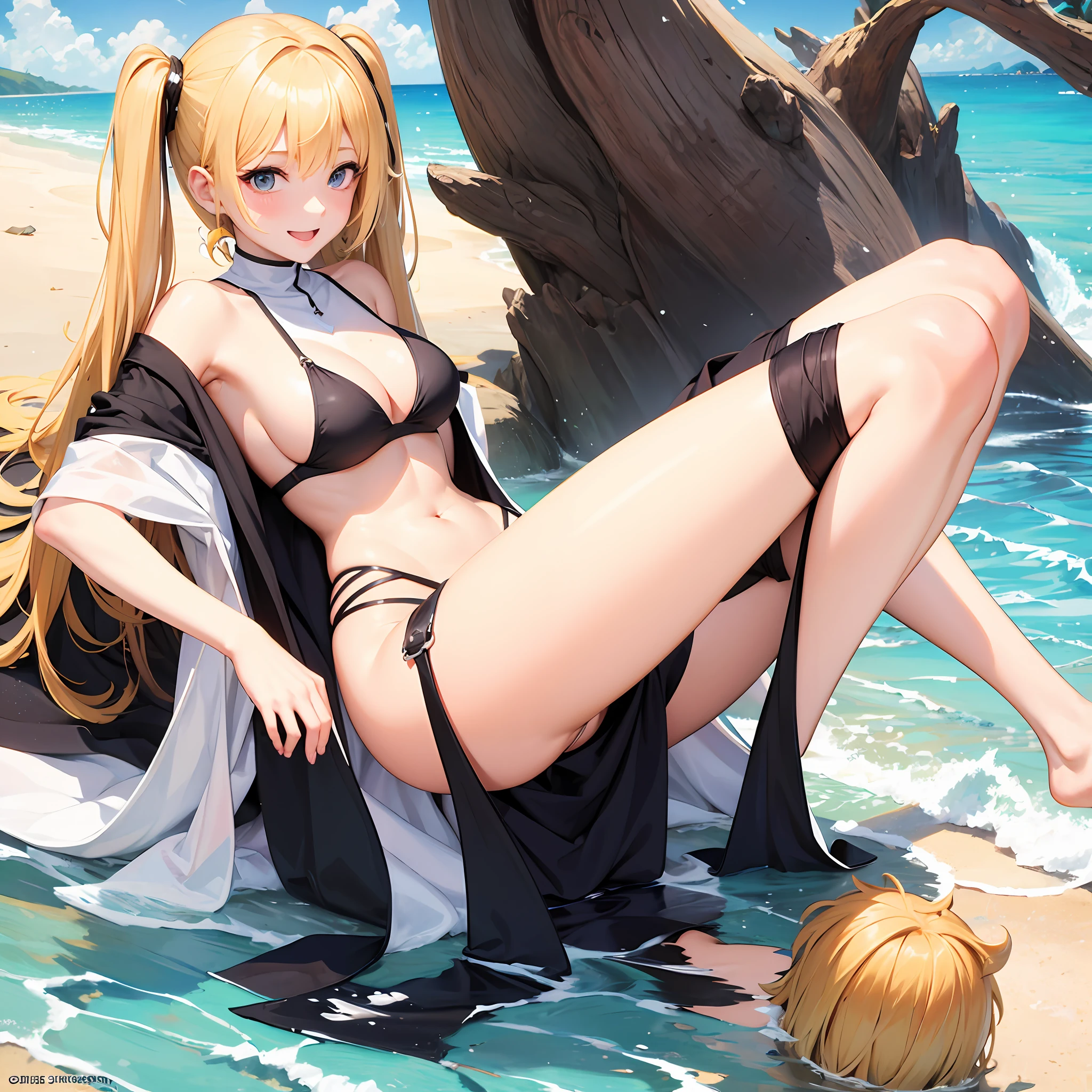 Blonde Anime woman happy on a beach, dresed like a nun, revealing clothing, on her knees, sideboob --auto