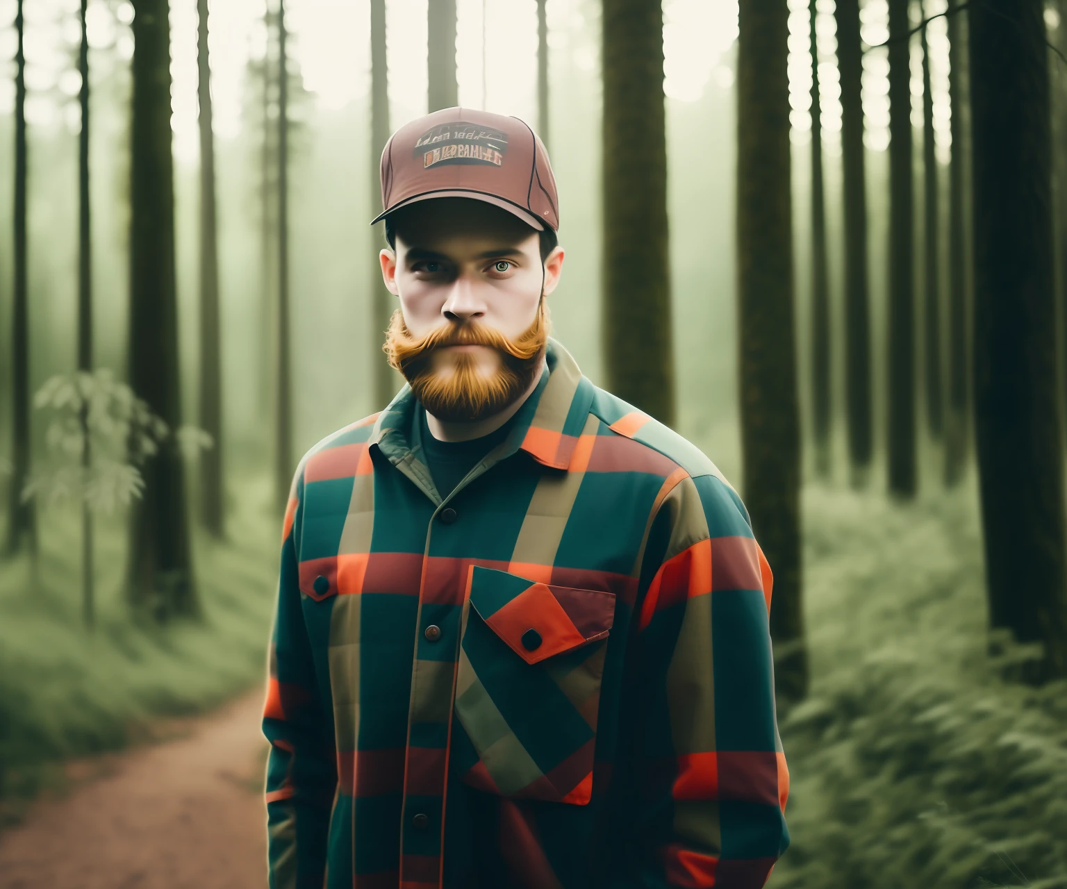 photo of a lumberjack in the forest looking at the camera