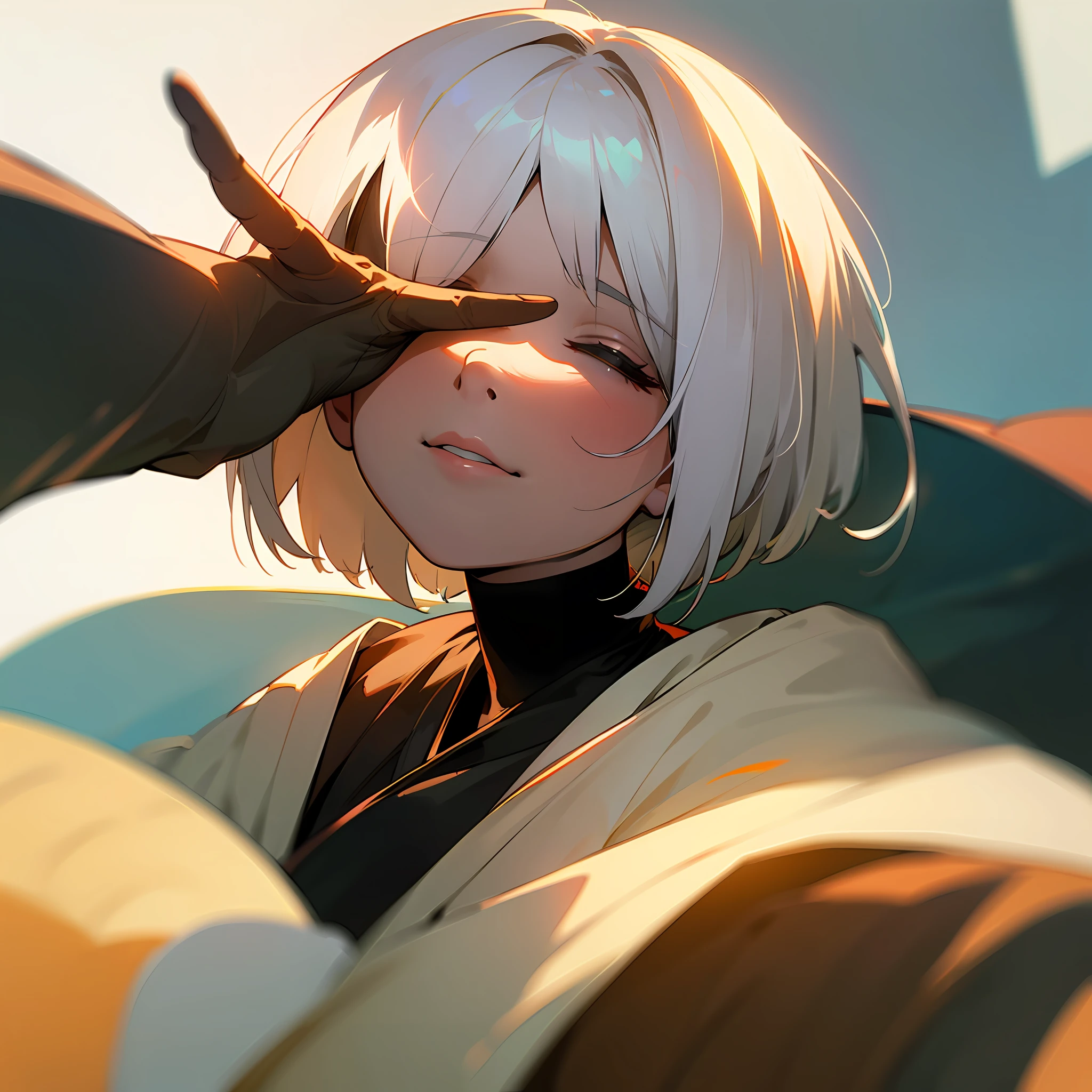Masterpiece, Best quality, maximum quality, best work, master artist, (hair over eyes:1.3), (no eyes:1.3), white hair, covered eyes, bob cut --auto