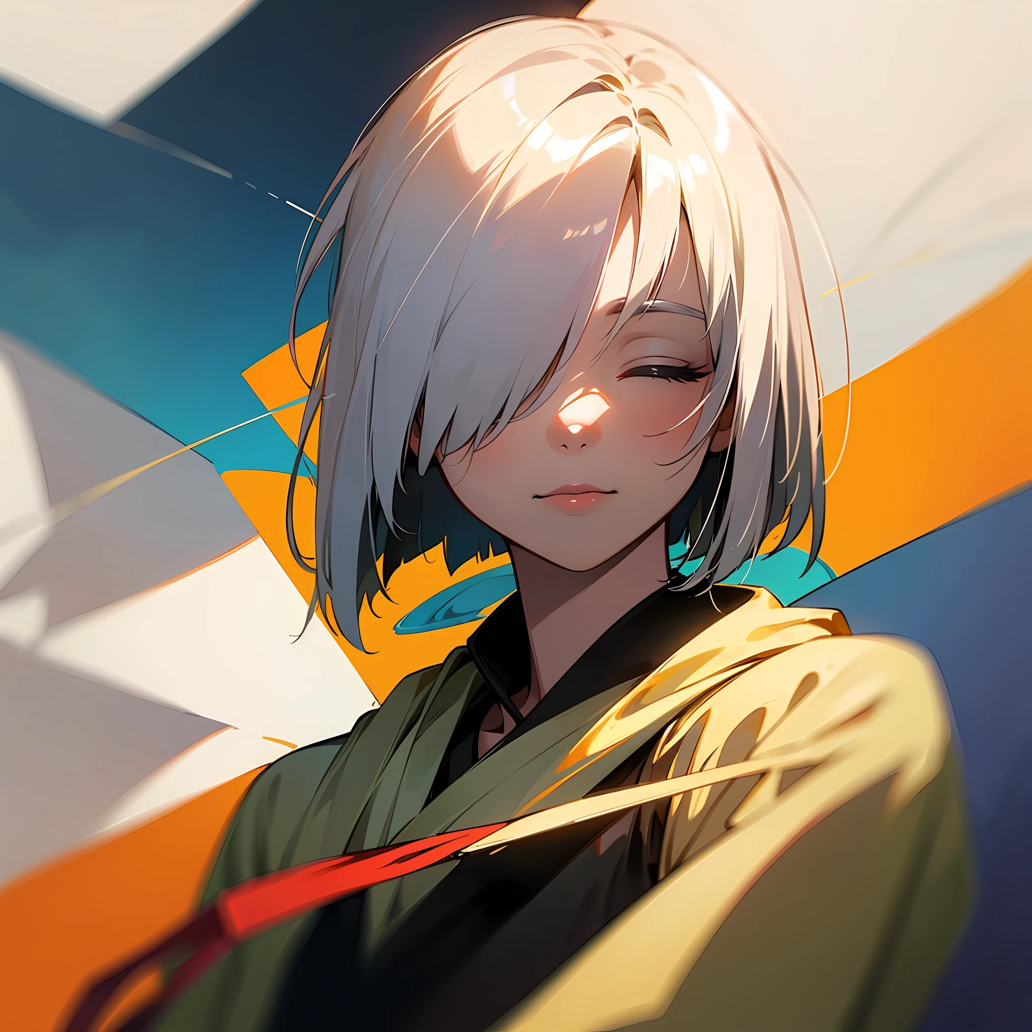 Masterpiece, Best quality, maximum quality, best work, master artist, (hair over eyes:1.3), (no eyes:1.3), white hair, covered eyes, bob cut --auto