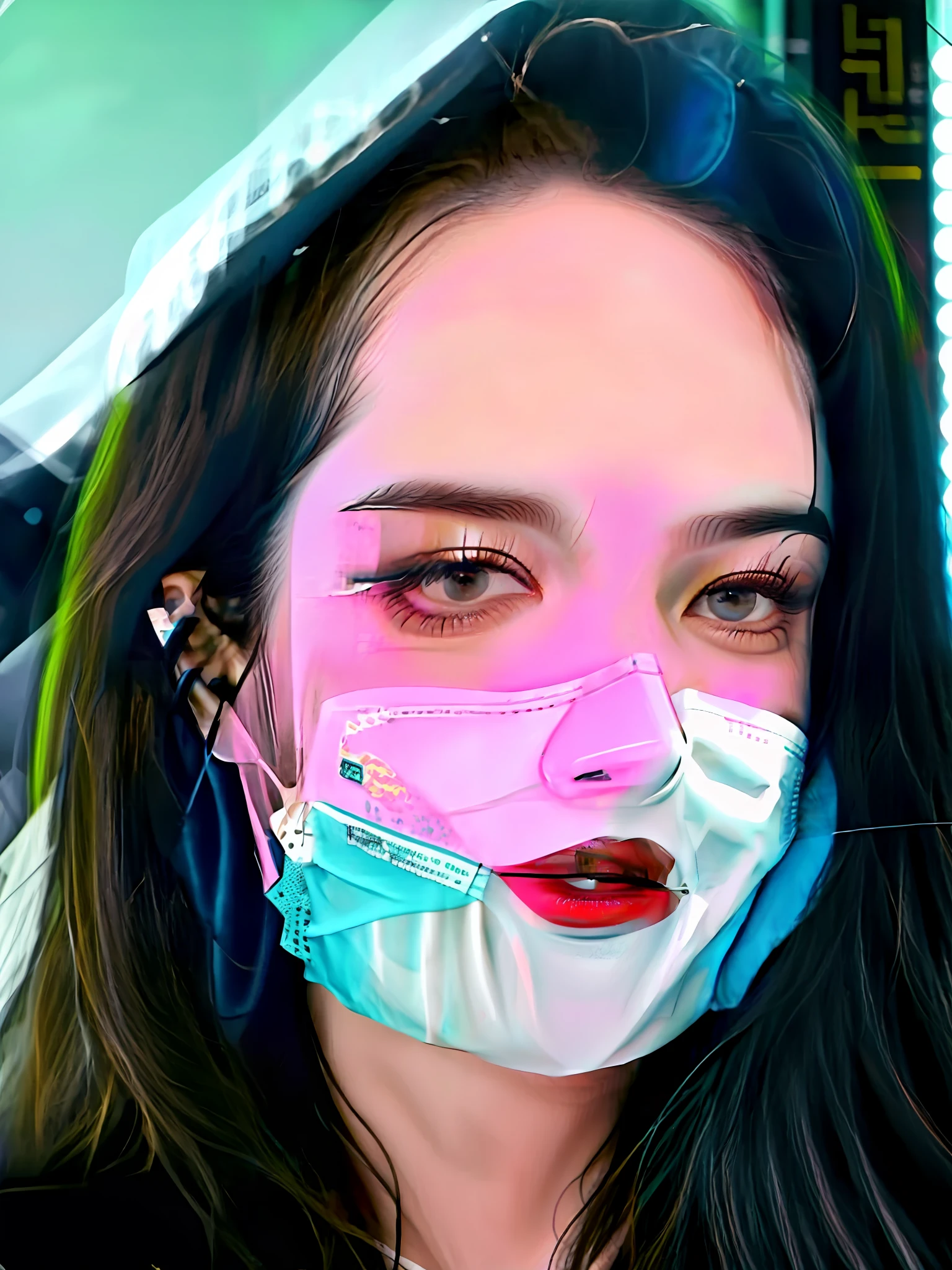 arafed woman wearing a face mask with a hood on, Wearing an all-black door wave mask, Tech masks cover your mouth, wearing face mask, wearing face mask, Wearing a mask, wearing bandit mask, #overclocking, # overclocking, masked face, 2 , 8k selfie photograph, 2 8 years old old, Young andsian face cyber background