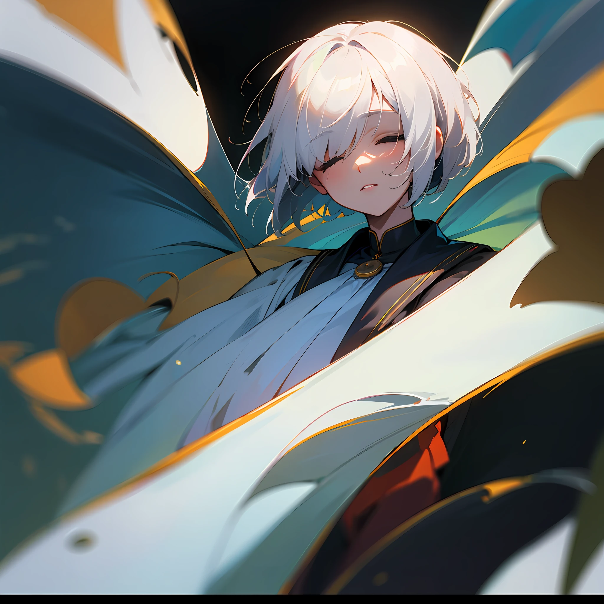 Masterpiece, Best quality, maximum quality, best work, master artist, (hair over eyes:1.3), (no eyes:1.3), white hair, covered eyes, bob cut --auto