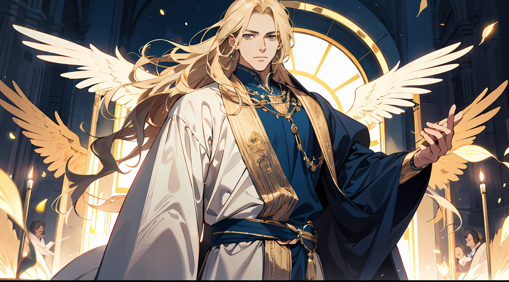 （absurderes，A high resolution），（1 male），Middle-aged，With long blonde hair，（Dress in blue and white），Golden decoration，（large tall），wings，Background medieval town，Powerful，Majestic，Intense luster，Dress in white and gold，Beautifully dressed，streamer，