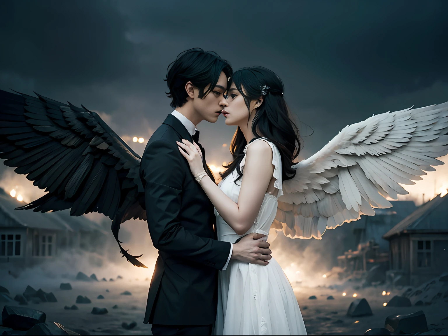 (Left_Right:1.5),full body,anatomy correct,twins,A man and a woman,(Kiss:1.5),Elaborate Eyes,Delicate face,Delicate mouth,ssmile,Heterochromia,WHITE DRESS BREAK BLACK DRESS,GRAY HAIR BREAK BLACK HAIR,WHITE WINGS BREAK BLACK WINGS, glowing light eyes,best qarity,detailed detail,Cinematic lighting effects,4K,depth of fields,Gloomy contrast,