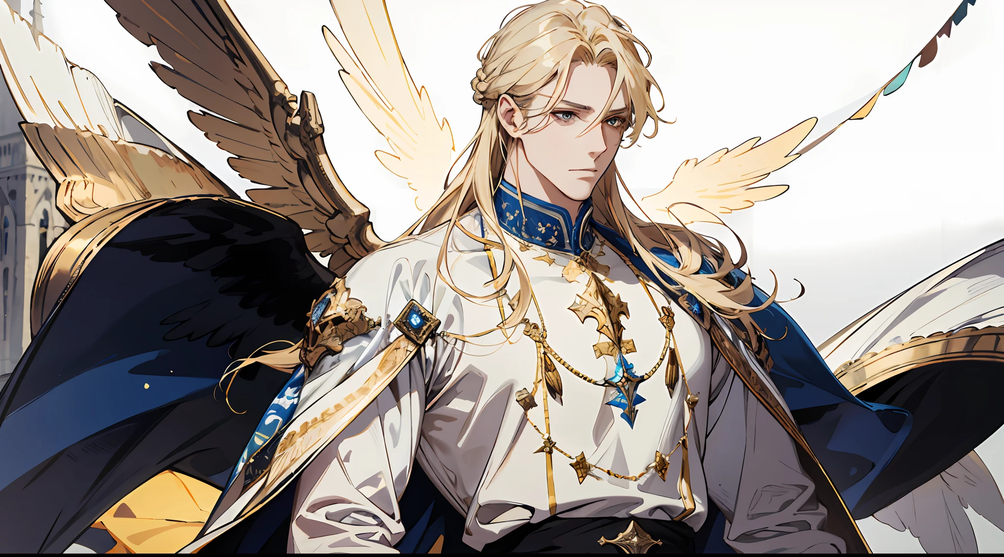（absurderes，A high resolution），（1 male），Middle-aged，With long blonde hair，（Dress in blue and white），Golden decoration，（large tall），wings，Background medieval town，Powerful，Majestic，Intense luster，Dress in white and gold，Beautifully dressed，streamer，