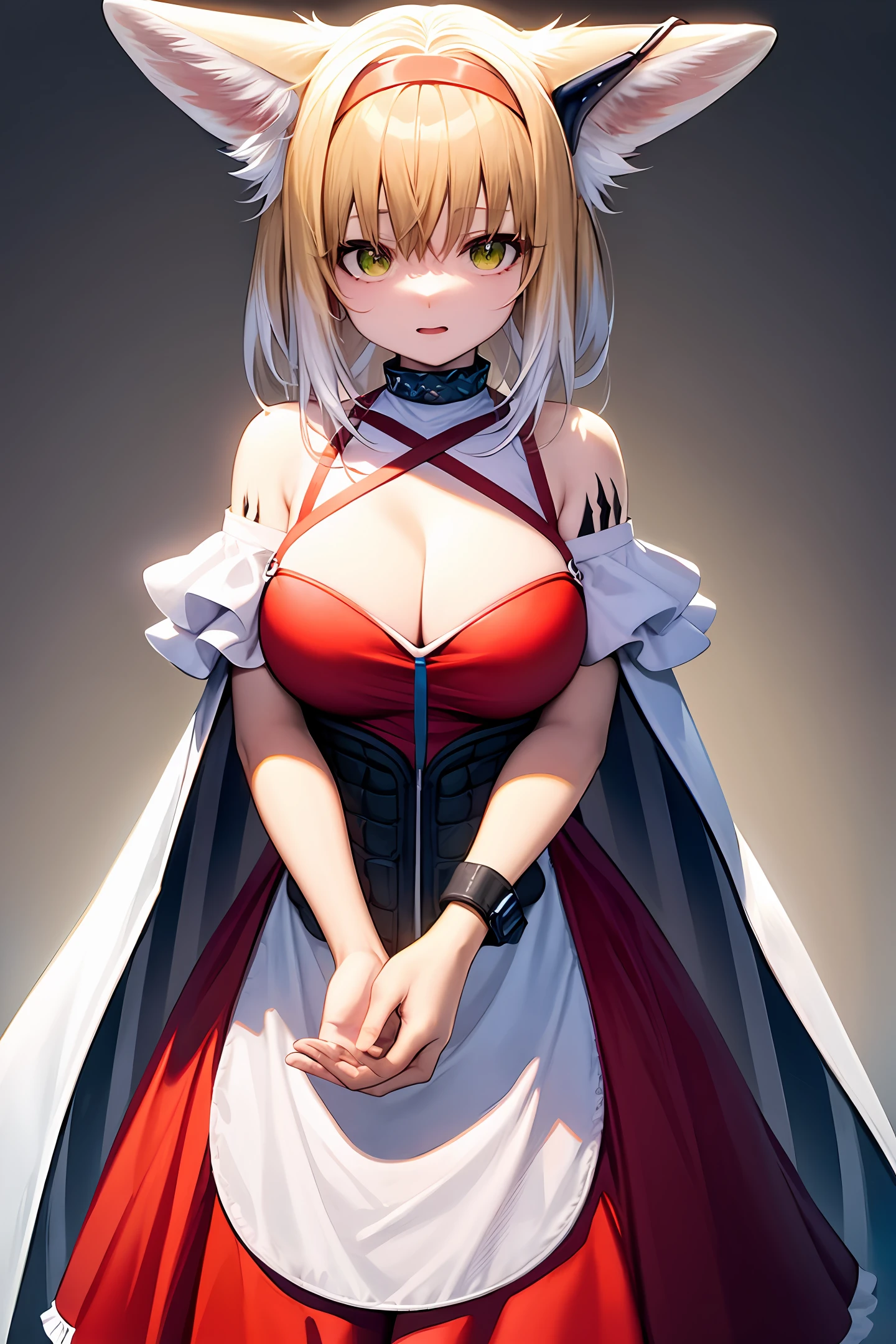 Best Picture Quality,magnifica,touhou character,Eastern Project,western,Frandoldew,Red pleated dress,white short sleeve,Yellow neckline,Wings with colored crystals,Yellow hair,Delicate skin,Lori huge breasts cleavage,