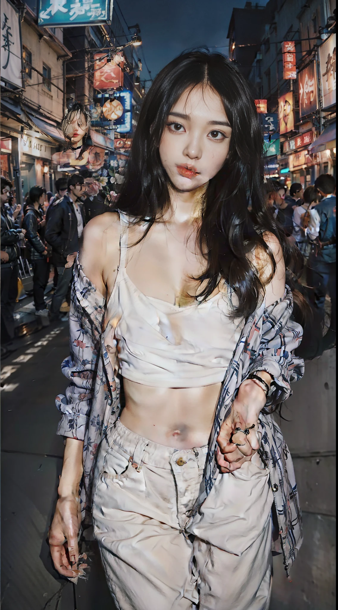 (1womanl),(Tank Top) casual pants,(Rose red blazer),White Very Long Hair,(realistic detail),Alley background at night,dynamic compositions,Engaging pose,Soft and eye-catching lighting,shallowdepthoffield,Clear details,highly detaile, Ultra photo realsisim, 50mm lens, Nature blurred background,(Shot above the calf), (exposed cleavage)