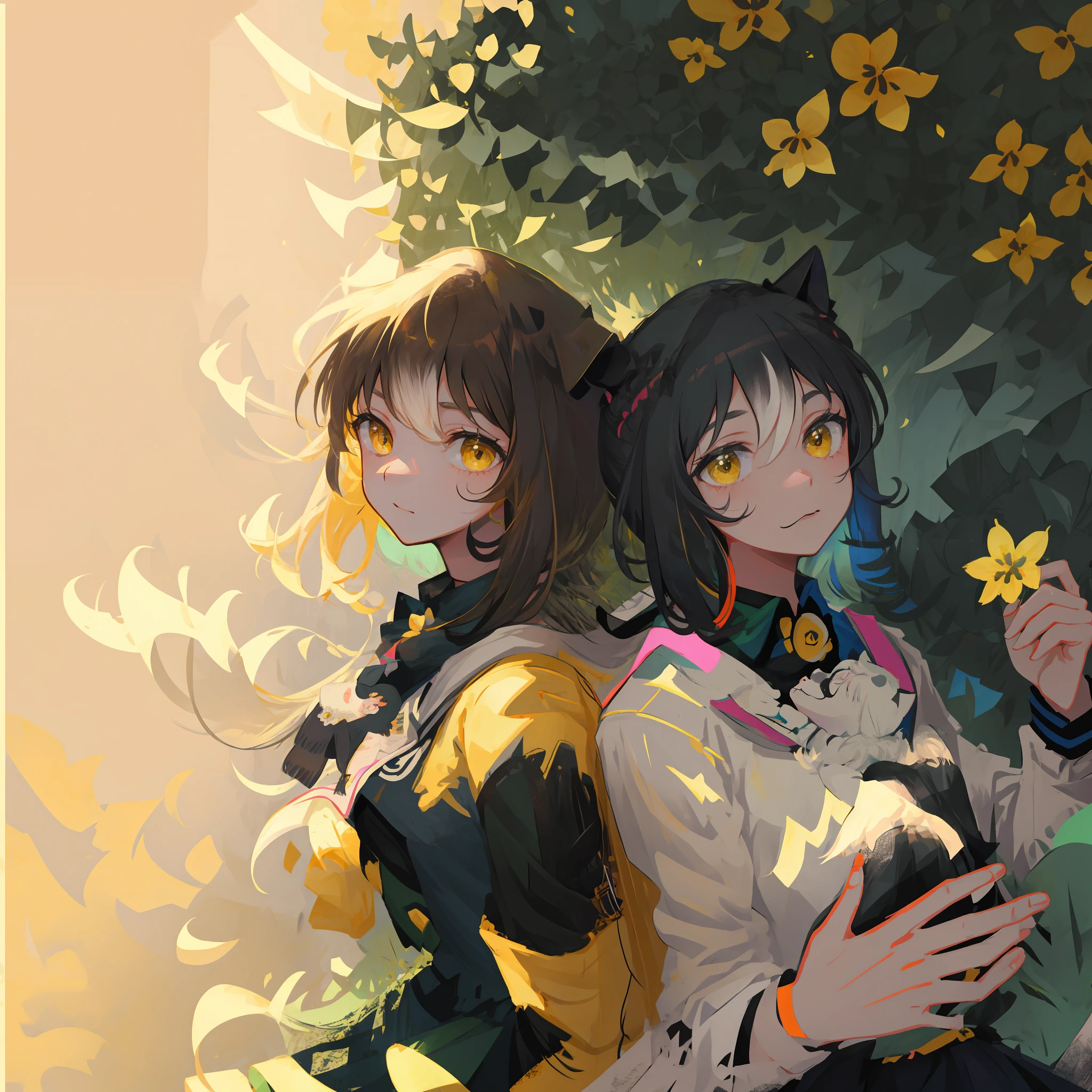 A very charming  with a backpack and her cute border collie puppy enjoying a lovely spring outing surrounded by beautiful yellow flowers and nature. The illustration is a high-definition illustration in 4K resolution with highly detailed facial features and cartoon-style visuals.