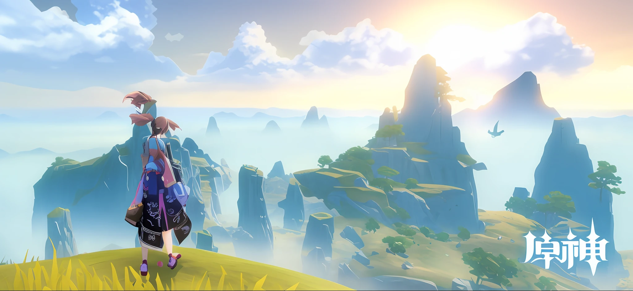 anime - style scene of a woman standing on a hill with a view of a valley, pc screenshot, ultra wide gameplay screenshot,, gameplay still, video game genshin impact, game screenshot, Genshin