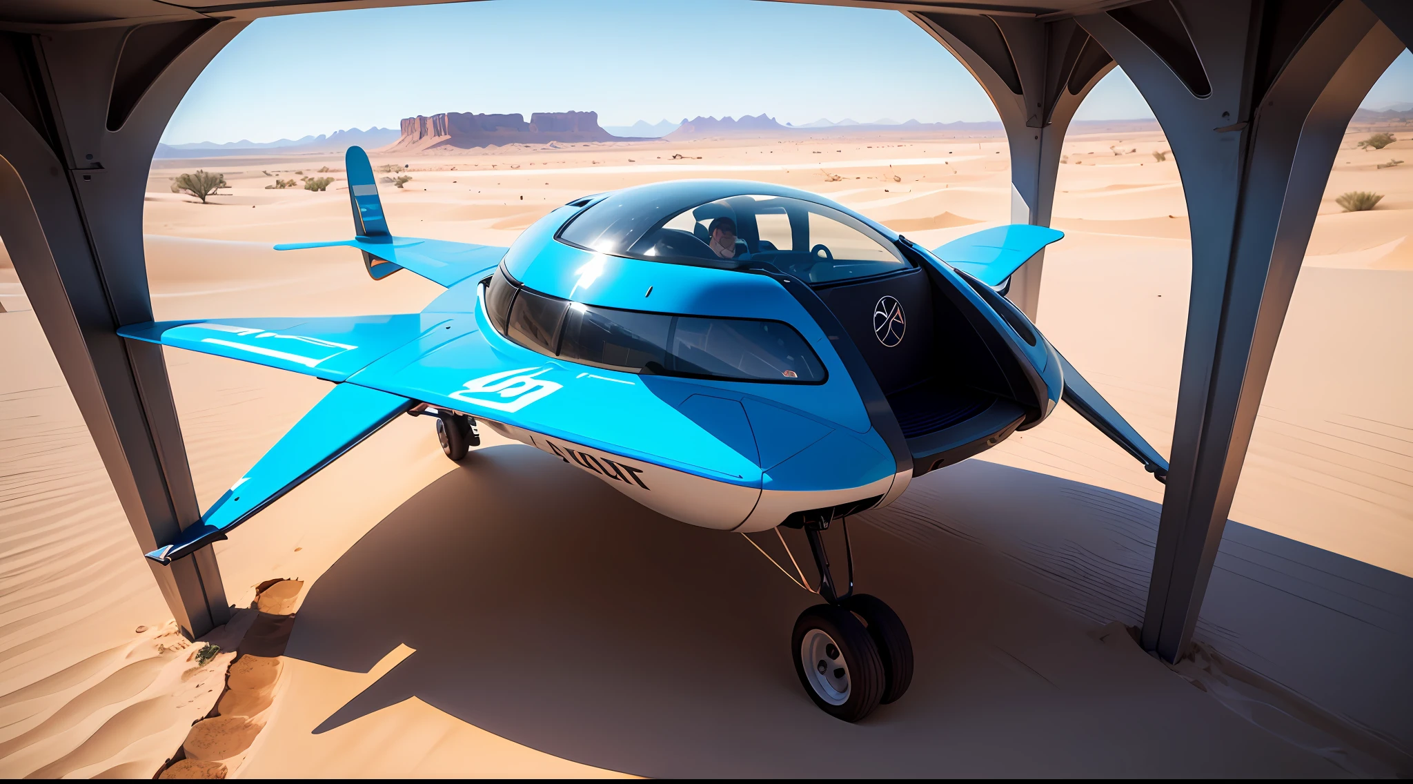 Futuristic glider vehicle that has no wheels that floats on the ground crossing the desert less than three meters above the ground of blue and white color with several windows including one in front seen from above