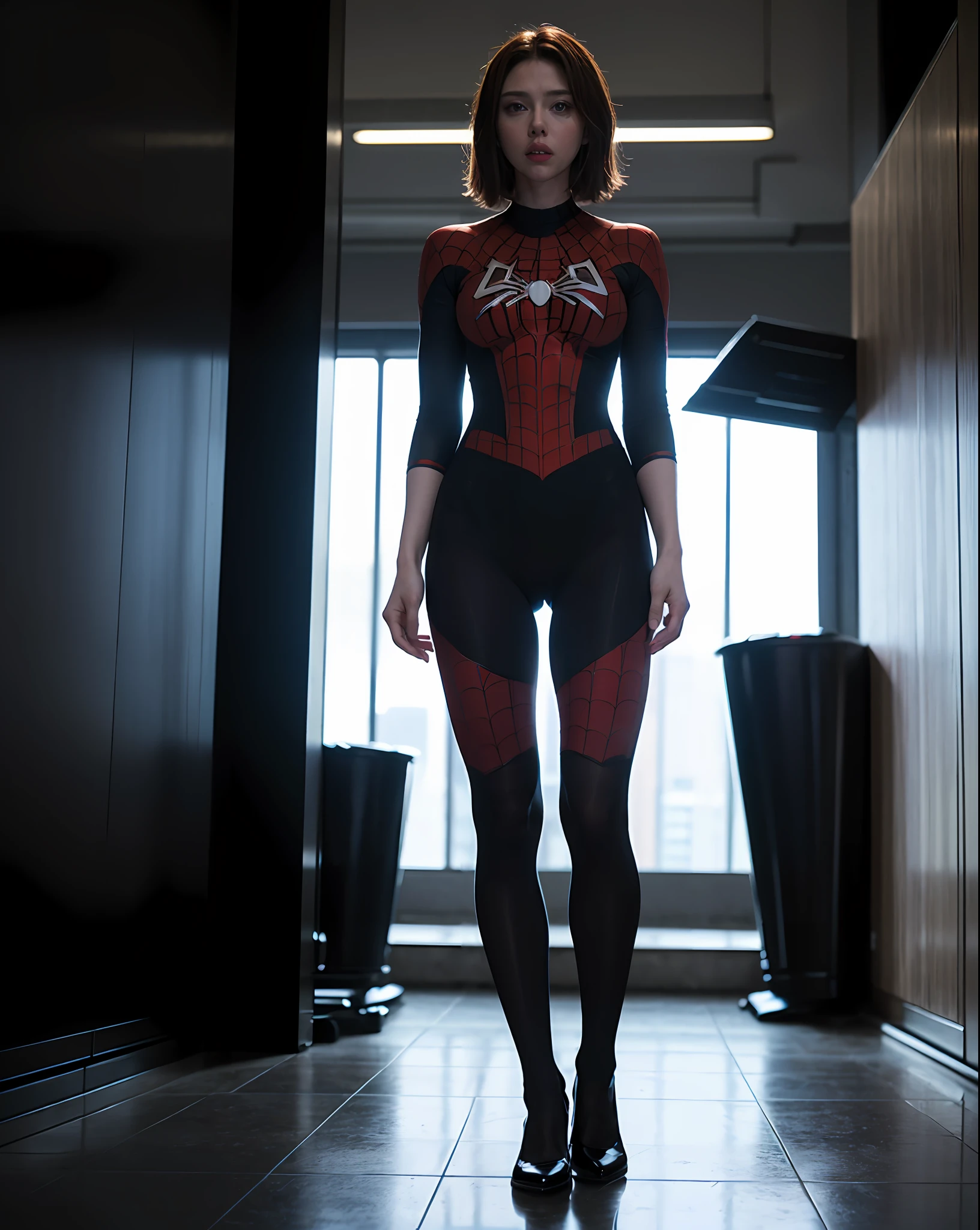 Scarlett Johansson, beauty, Spider-Man tights, full body shot, prominent figure, standing on the edge of a skyscraper, photo (Masterpiece) (Best quality) (detail) (8K) (HD) (Wallpaper) (Cinematic lighting) (Sharp Focus) (Intricate)