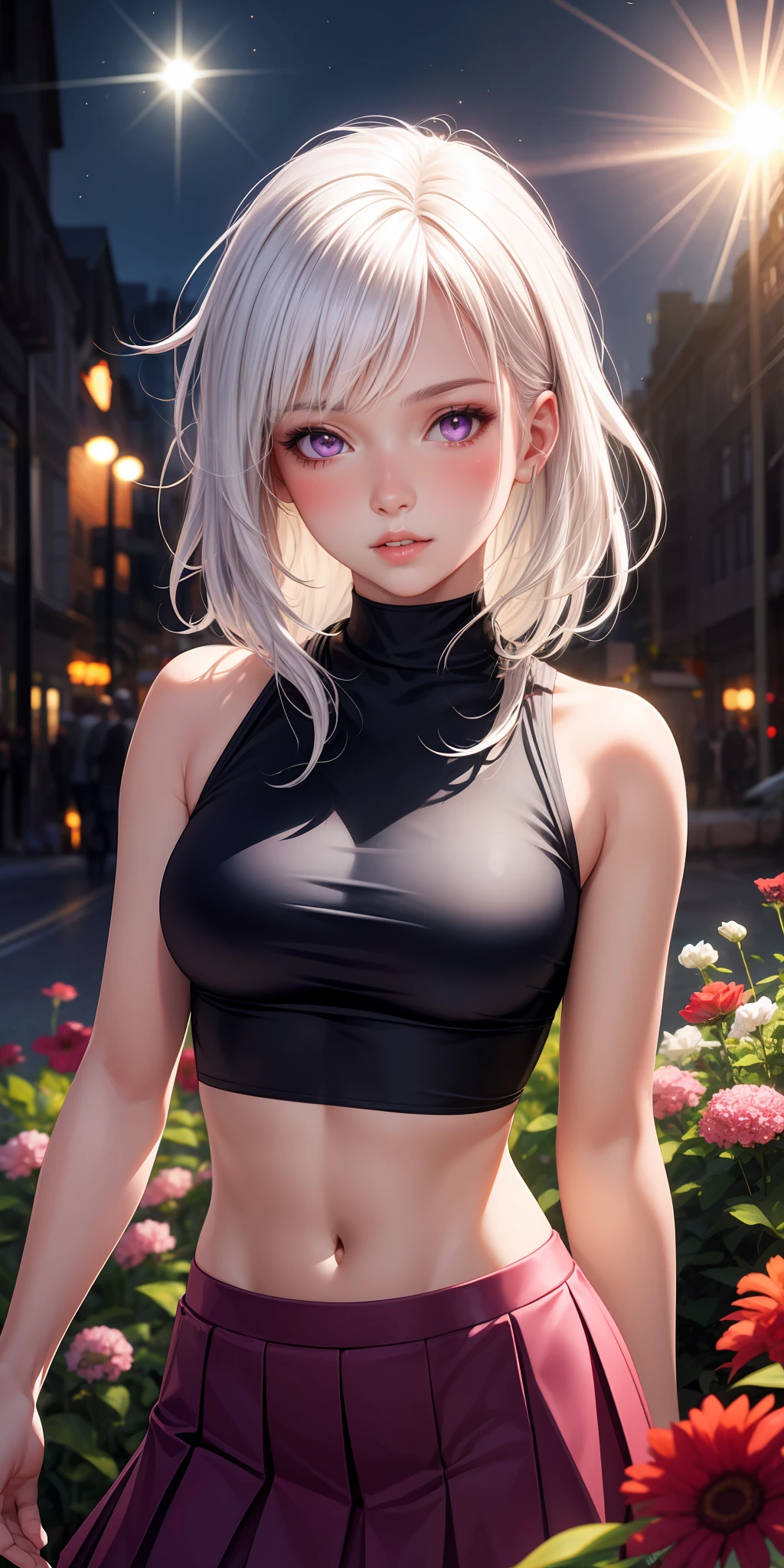 realistic, 1girl, white hair, purple eyes, glowing eyes, crop top, skirt, parted lips, blush, night, flowers, sun, sunlight,