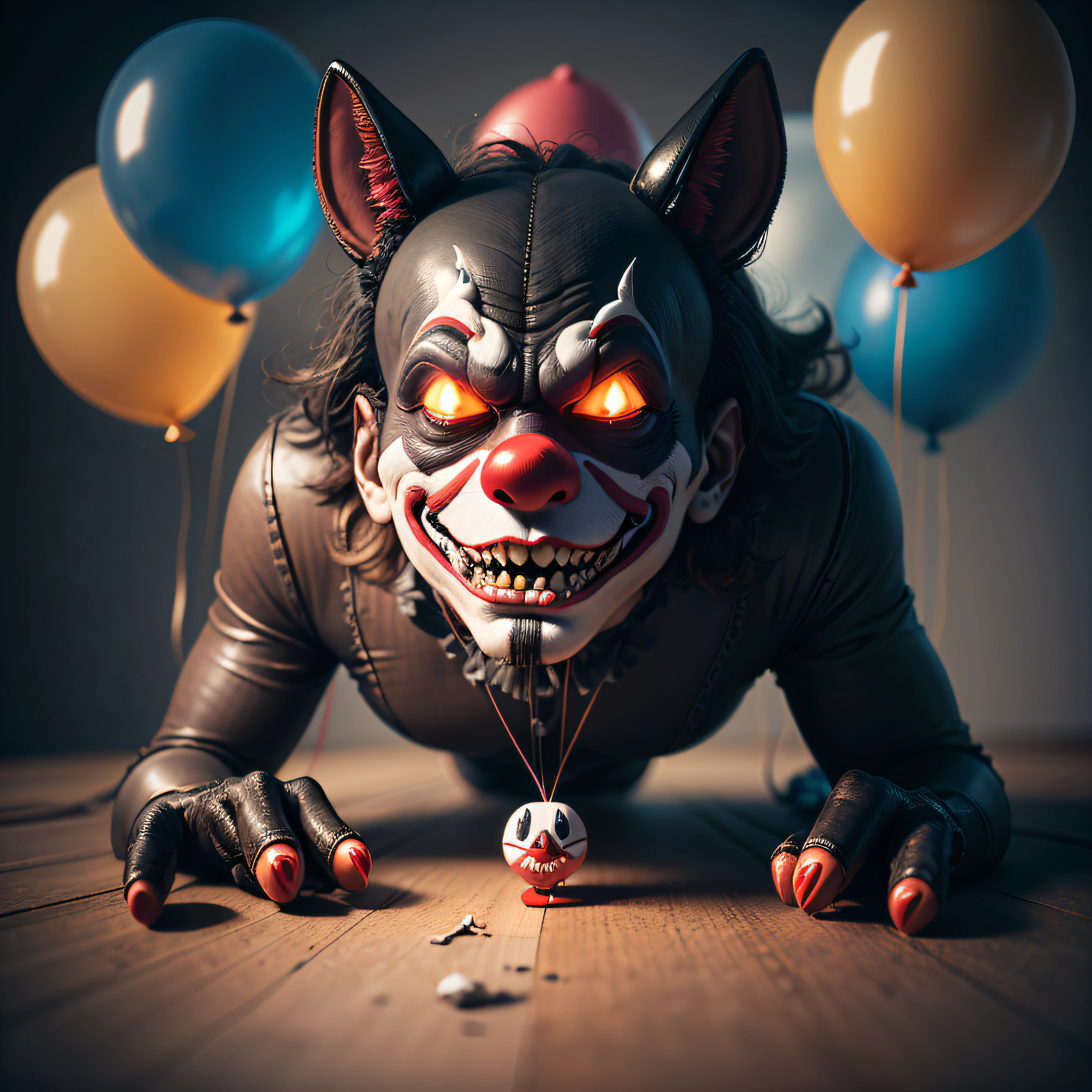 Wicked Balloon Sculptures An illustration featuring an evil clown crafting disturbing balloon sculptures, such as twisted animals or monstrous creatures, reflecting their dark and twisted imagination, Ultra realism, color field printing, high detail, UHD, 8k, anatomically correct, cinematic lighting 4d quality --auto