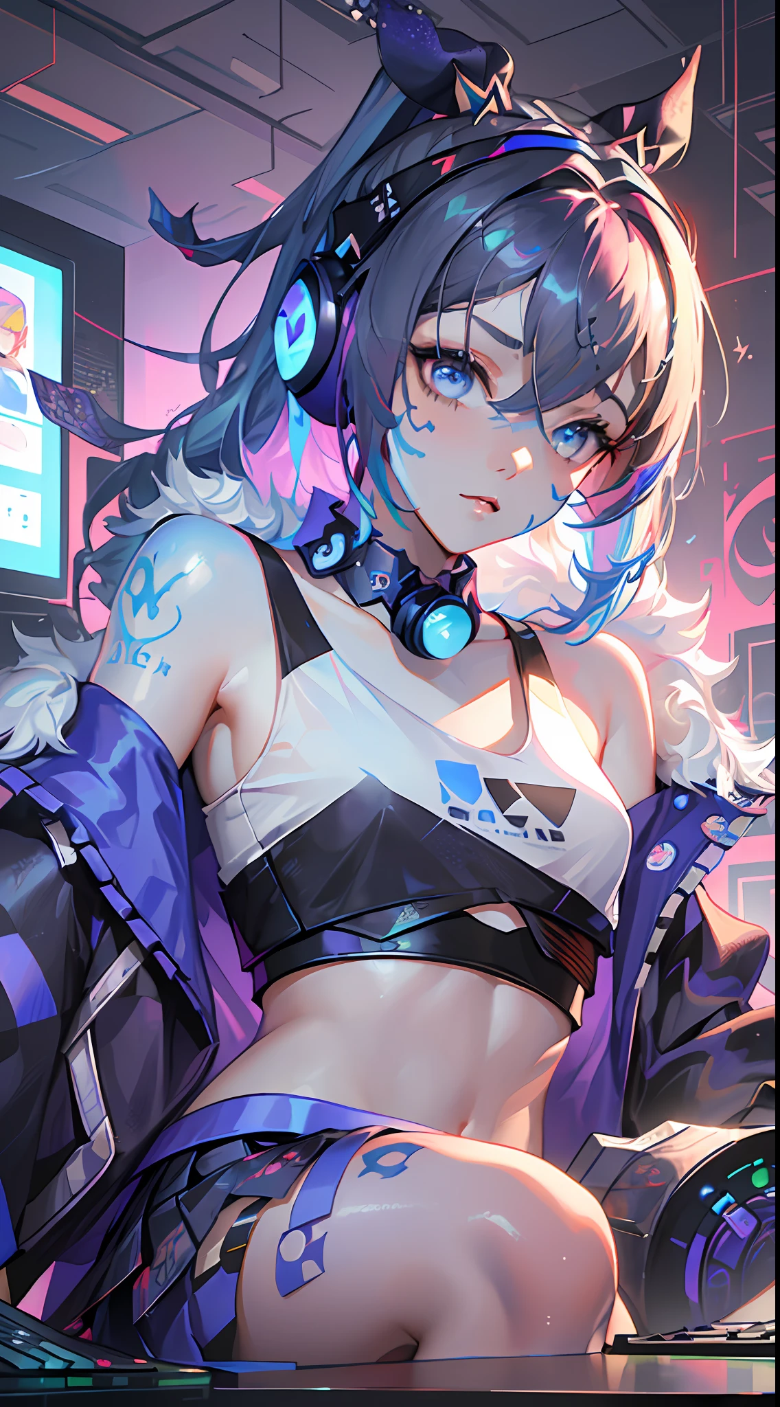(((((7 avatar shot)))), Silver Wolf, Masterpiece, Best Quality, Ultra Detailed, Extremely Detailed 16k CG Wallpaper, Beautiful Face, (Silver Wolf in Esports Room), (Perfect Beautiful Curved Figure), Seated, Rainbow Color Jewel Eyes, Wearing Resin Hologram Sports Bra, Crop Top Drape, Mini Pleated Skirt, Bell Collar, Logo, Impotence, Contour Light, Concert, Neon Sign, Audio, Bell Collar, Esports Headset, Computer, Esports Room, Play Games, White Interior Through Red Skin, holographic projection, flat sphere, graffiti logo, highly detailed tattoo_,
Authoring information