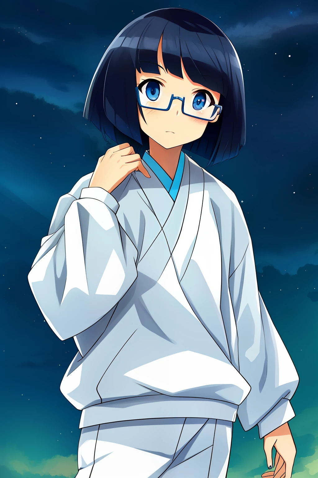 bob-cut hair，eye glass，Pure，Two-dimensional，White sweatshirt，night sky background，Japanese manga style，，