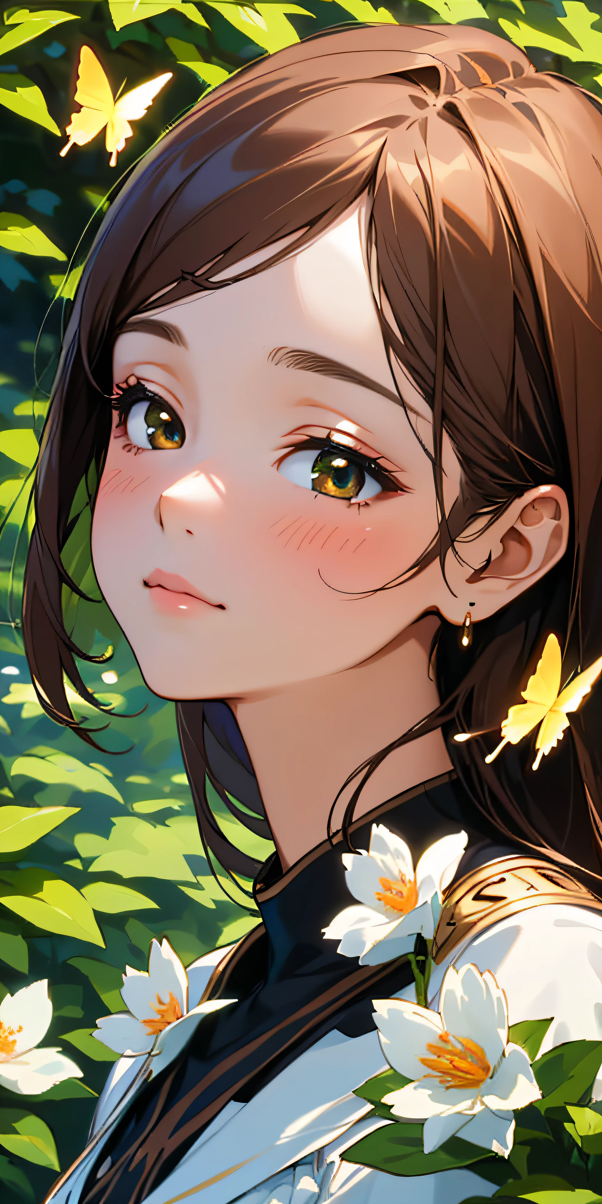 (best quality, masterpiece, ultra-realistic), portrait of 1 beautiful and delicate girl, with a soft and peaceful expression, the background scenery is a garden with flowering bushes and butterflies flying around.