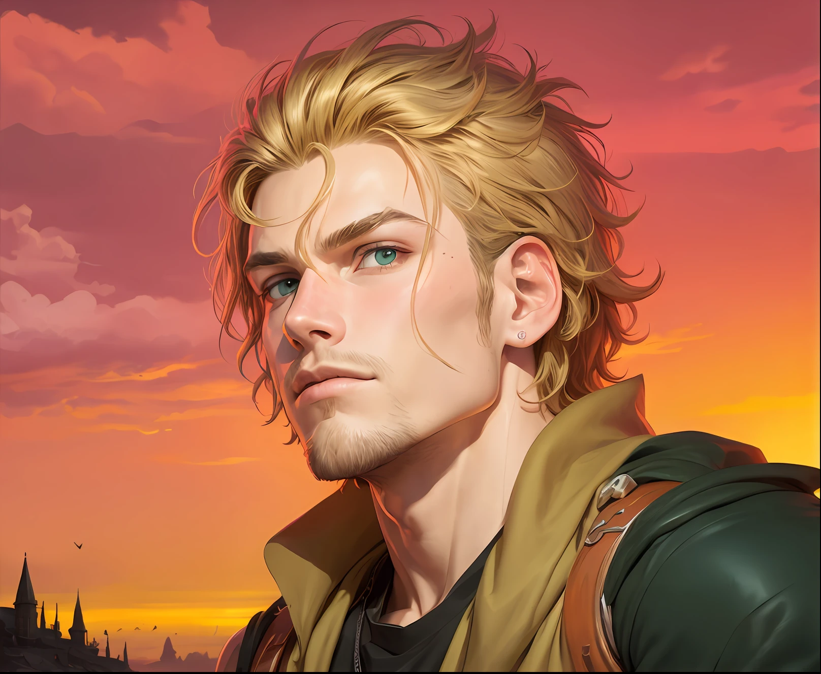 Estilo DBfantasyart, obra-prima, 1boy, um belo homem aventureiro, blonde messy hair, altamente detalhado, 8k resolution