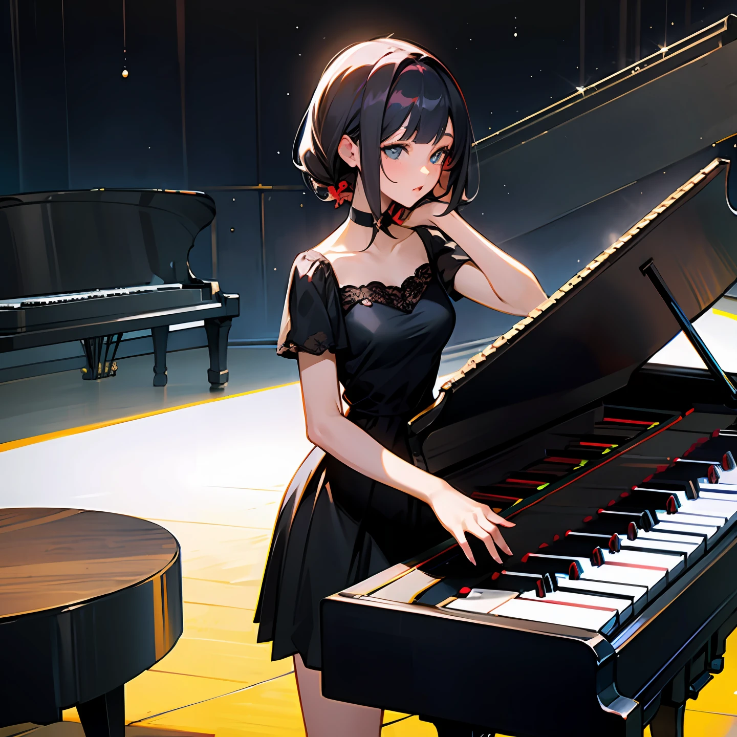 female high-school student,black color dress,stage,Play the piano
