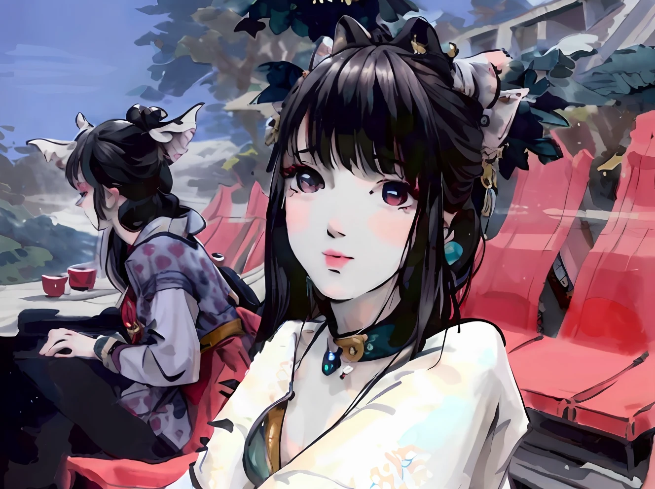 ((4k,masterpiece,best quality)), shuimobysim, Chinese painting, lotus, hanfu, maxiskit, dressed conservative 1 girl, solo, white hair, long hair, fox ears, white, bikini, fish, many fish close to the girl, looking at the audience, teasing