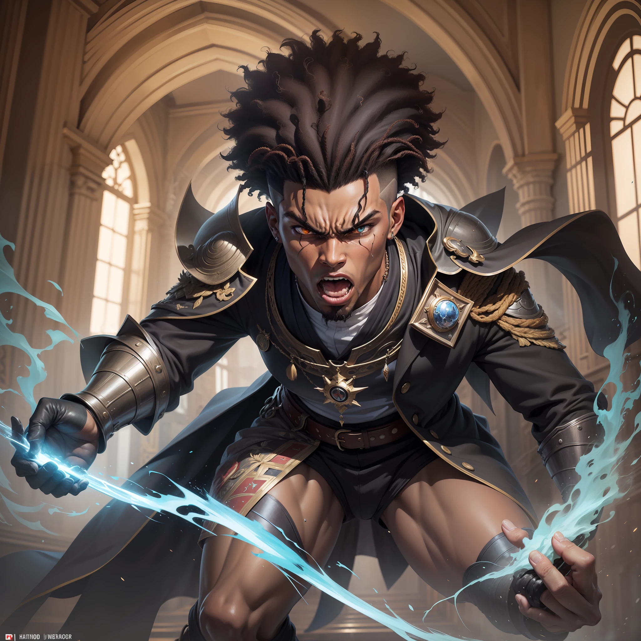 Realistic anime-style artwork image of black male, 20 years old, tall, strong, afro hair shaved on sides, dressed in black clerical robes and shoulder pads, role-playing warrior, angry expression, attacking with invoked power in hands, indoor scenery from a hall of a royal palace