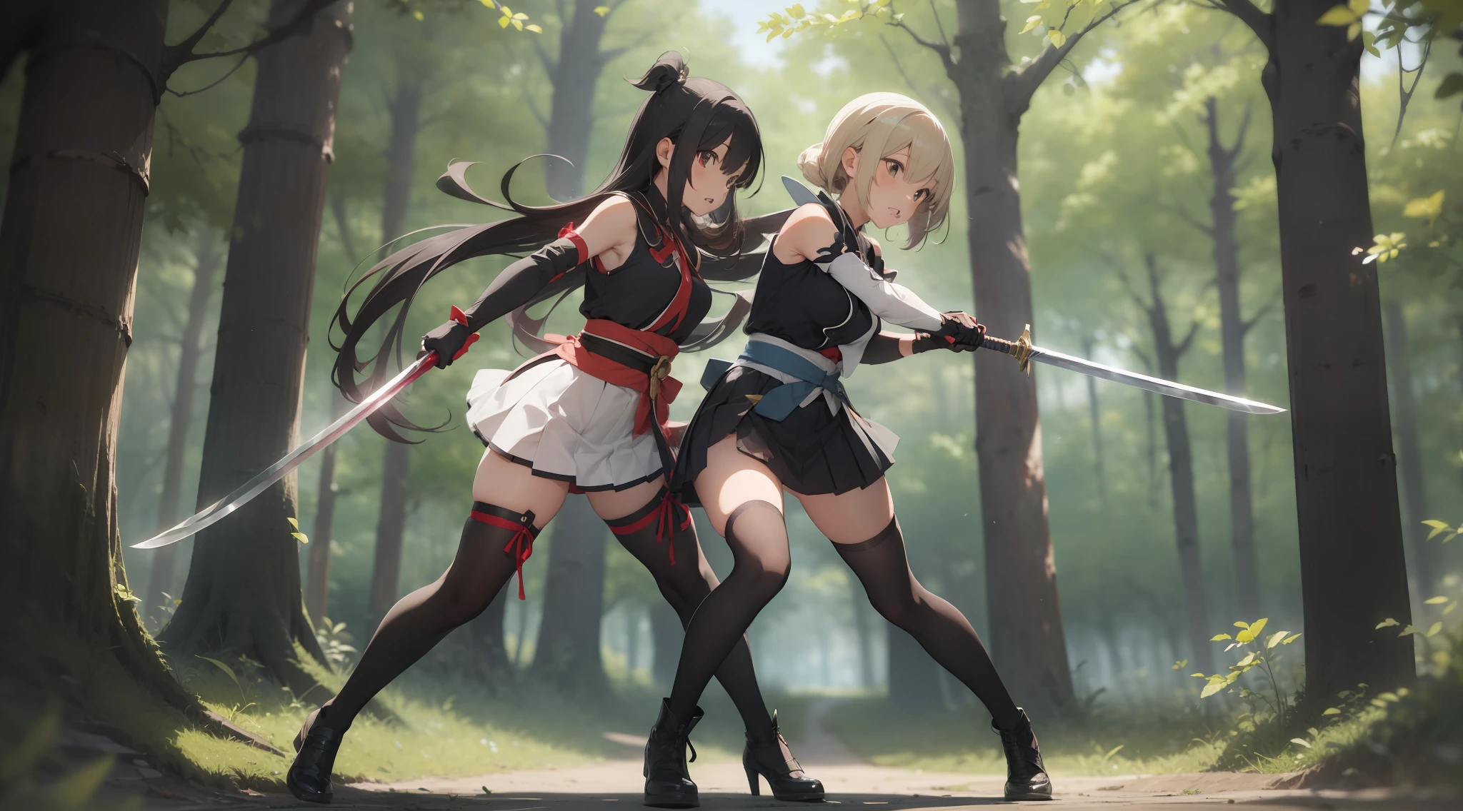 Full body shot of fighting between two female sword warrior, 1 versus 1. They are fighting in a fierce duel sword match, with serious expression. They have long loose hairstyle, small thighs and slender legs. They are wearing different color of sleeveless sword maiden armor, with black thin long elbow gloves, and obi tied on their back hip, and short pleated skirt. Both of them are wearing black thigh highs and black shoes. Background set in a lush forest.