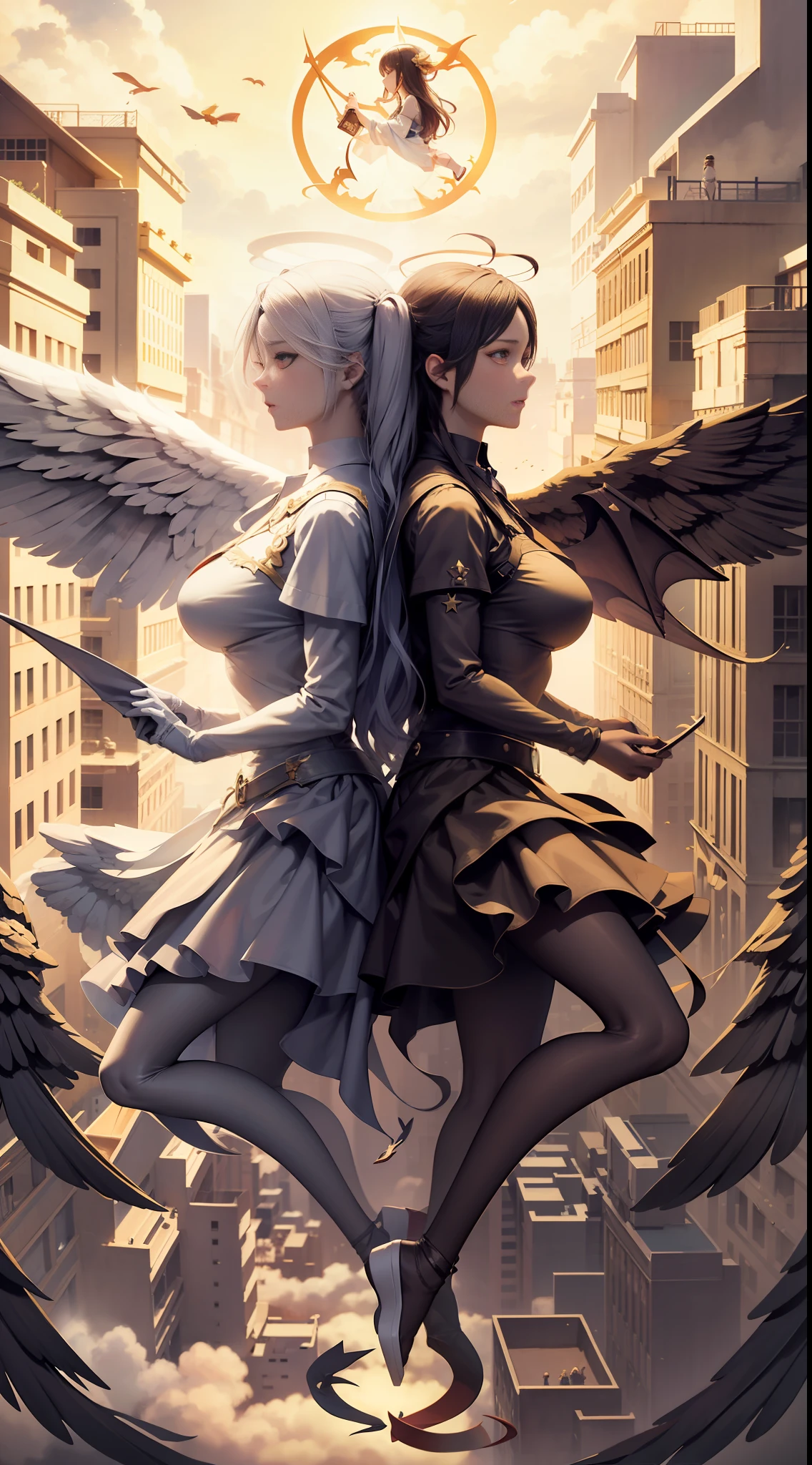 best qarity,tmasterpiece,super-fine,twins,2girls,The angel,devils,Wings,dream magical,Shocking scene,电影光感,rendering by octane