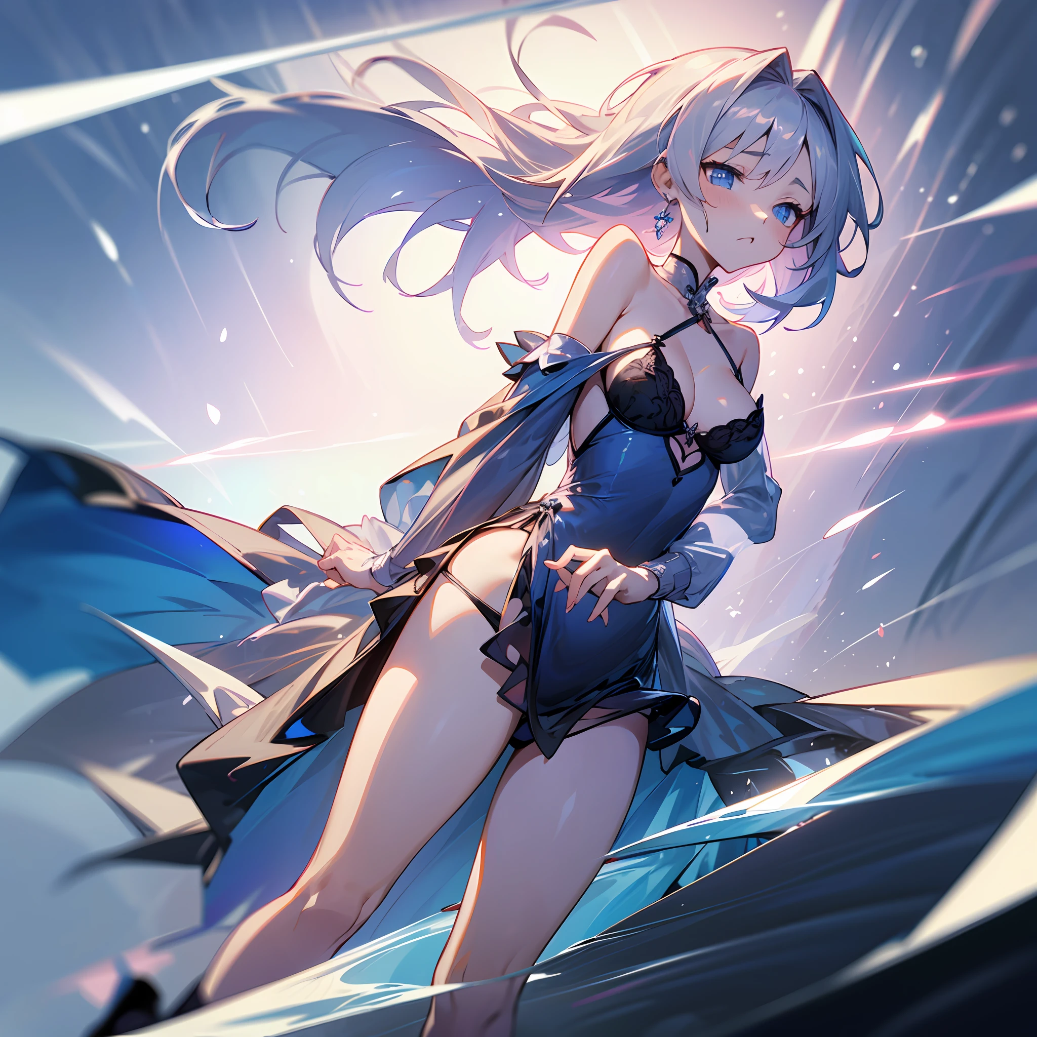 Dynamic style，best qarity，超高分辨率，tmasterpiece，1girll，Bigchest，Silver，Blue eyes，Blue dress，Short skirt，?????? lingerie，Take off your panties with both hands，Black bottoming socks，Indecent expressions，Exposed shoulder，frontage，standingn，Anatomically correct