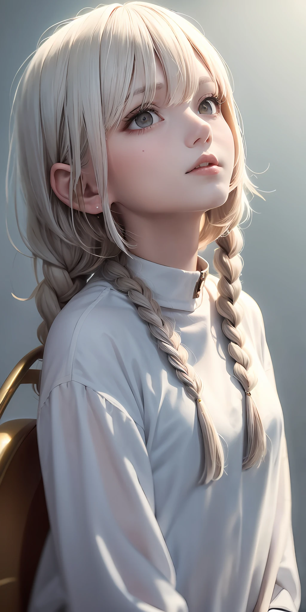 best quality, masterpiece,white hair, gold eyes,white clothes, looking up, upper body,hair strand,Fair skin,side braids