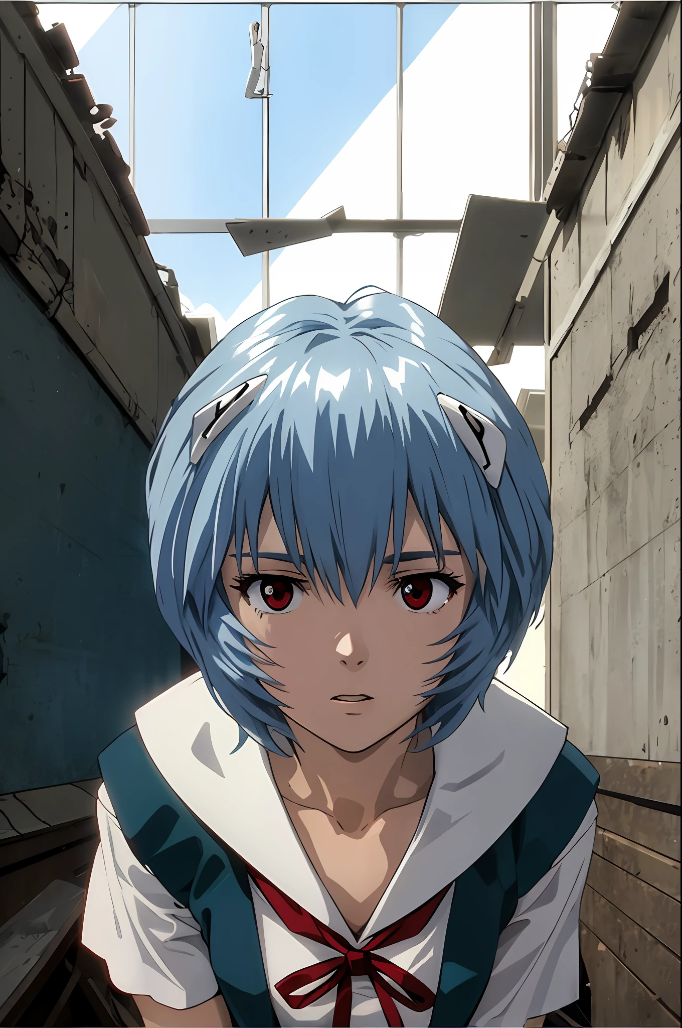 ayanami rei，extra very long hair，face as it is，Sky blue hair，school uniformss，Cool shades，Background in an abandoned factory，No facial accessories