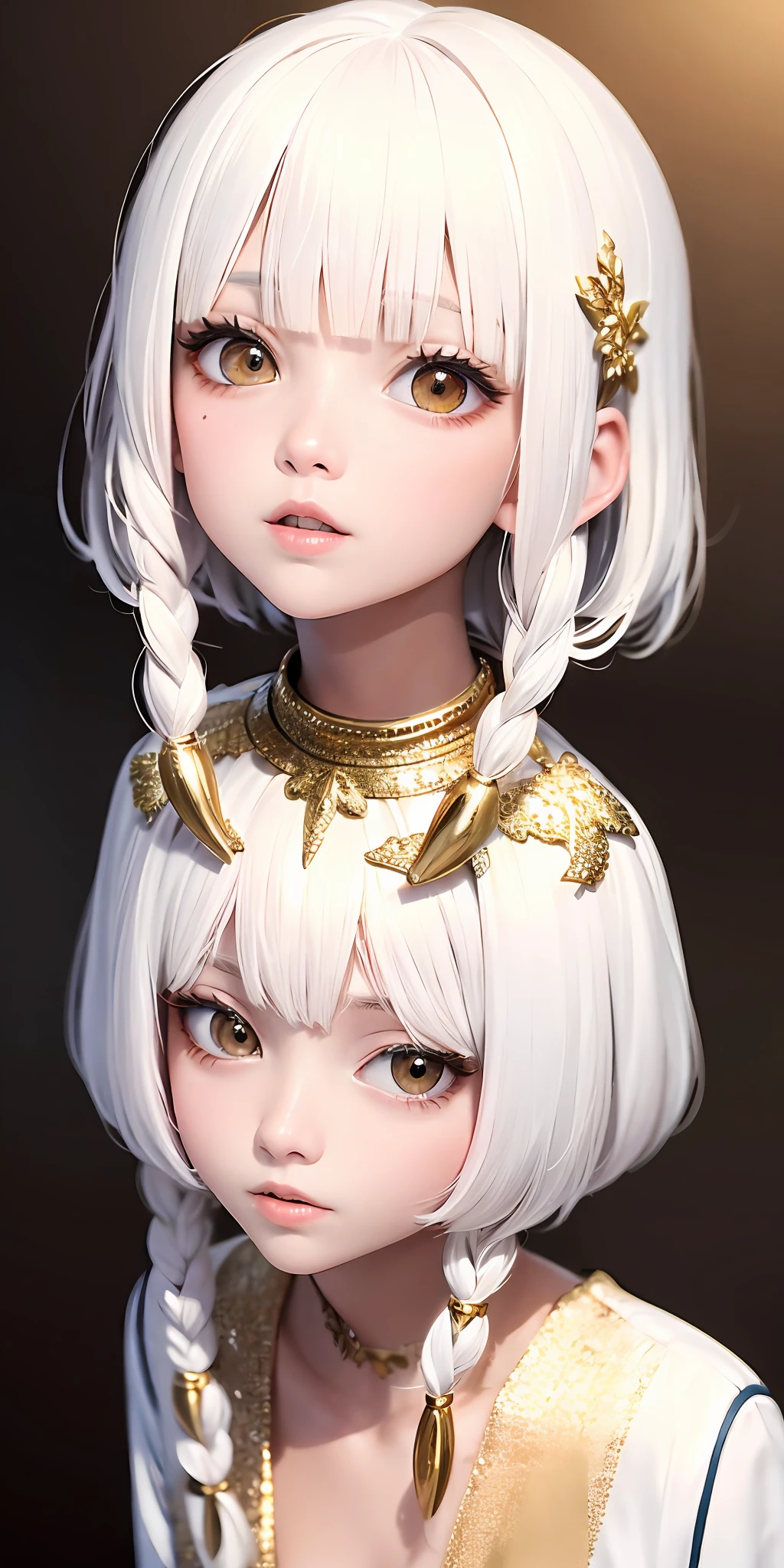 best quality, masterpiece,white hair, gold eyes,white clothes, looking up, upper body,hair strand,Fair skin,side braids