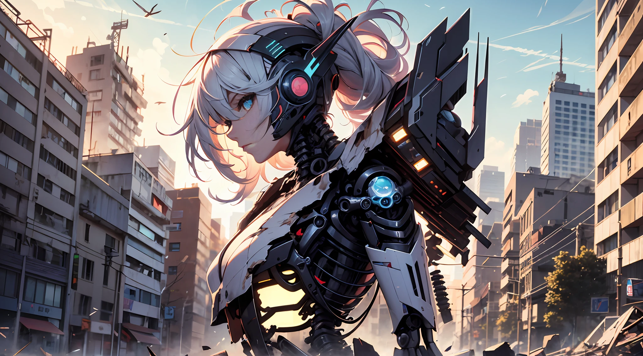 cyber-punk，sci-fy，Mechanical beauty，A large number of mechanical structures，Mechanical skeleton，Human five senses，Refined face，Colorful hair color，flowy，Messy hair，Fighting posture，mechs，废墟，Collapsed buildings，Blue mechanical pupil，Sunset，